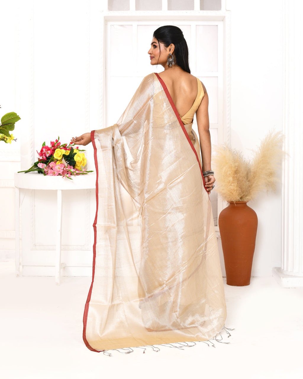Piyari Fashion Women's Muga Dual Tone Organic Tissue Saree With Blouse Piece