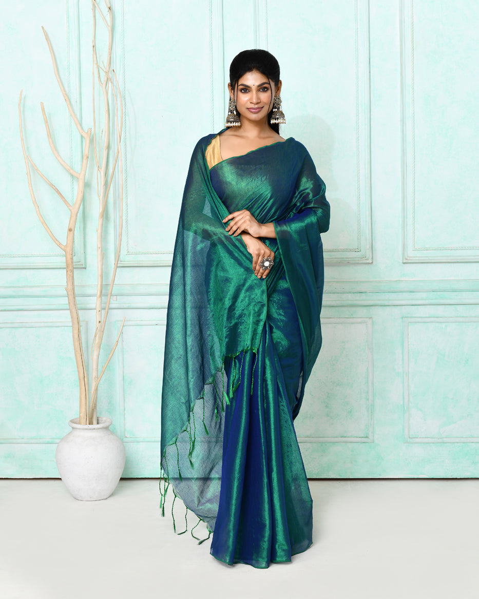 Piyari Fashion Women's Green Blue Dual Tone Organic Tissue Saree With Blouse Piece