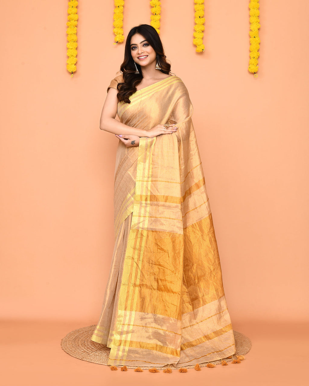 Beige Zari Cotton Handloom Tissue Saree with Red Borders