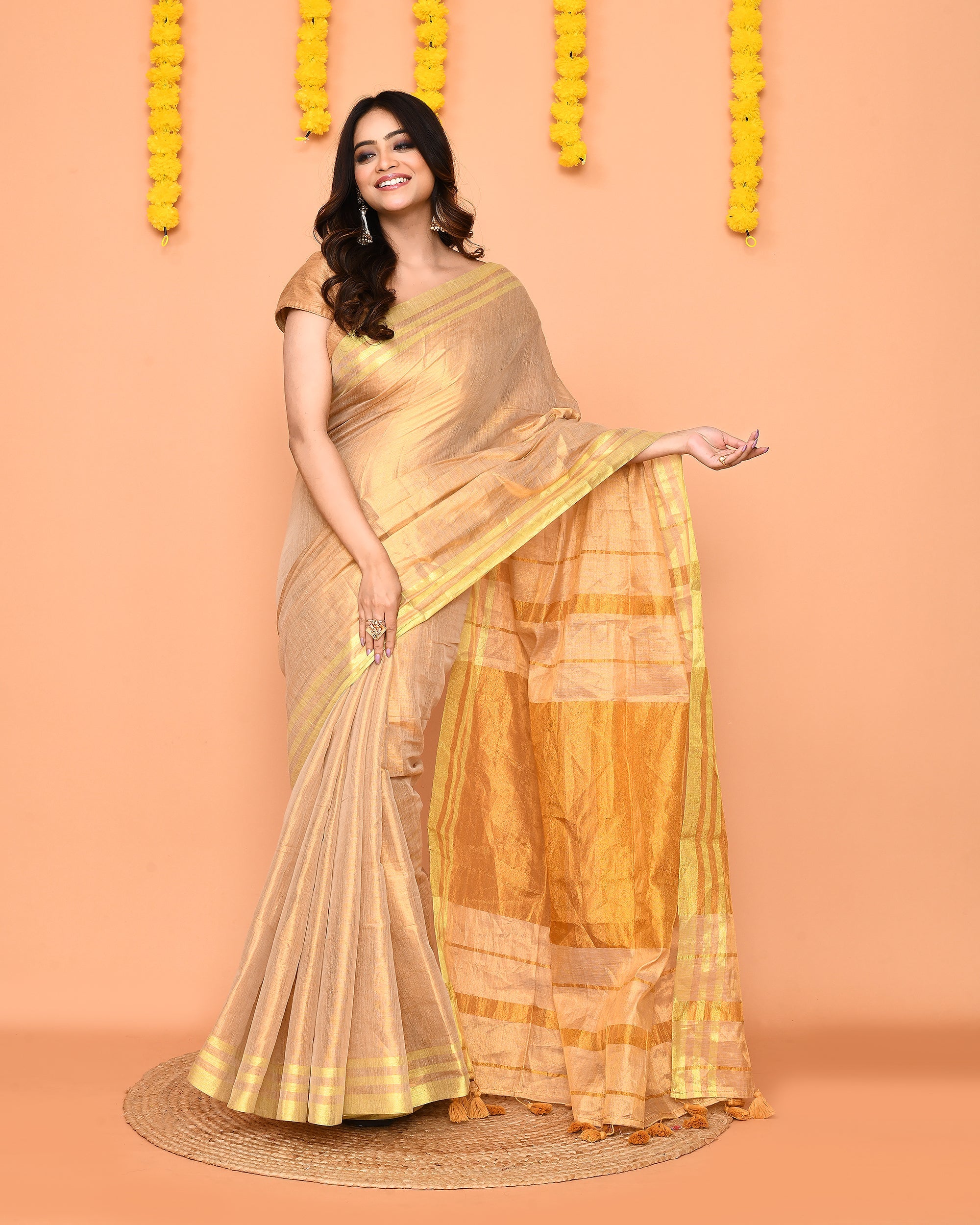 Beige Zari Cotton Handloom Tissue Saree with Red Borders
