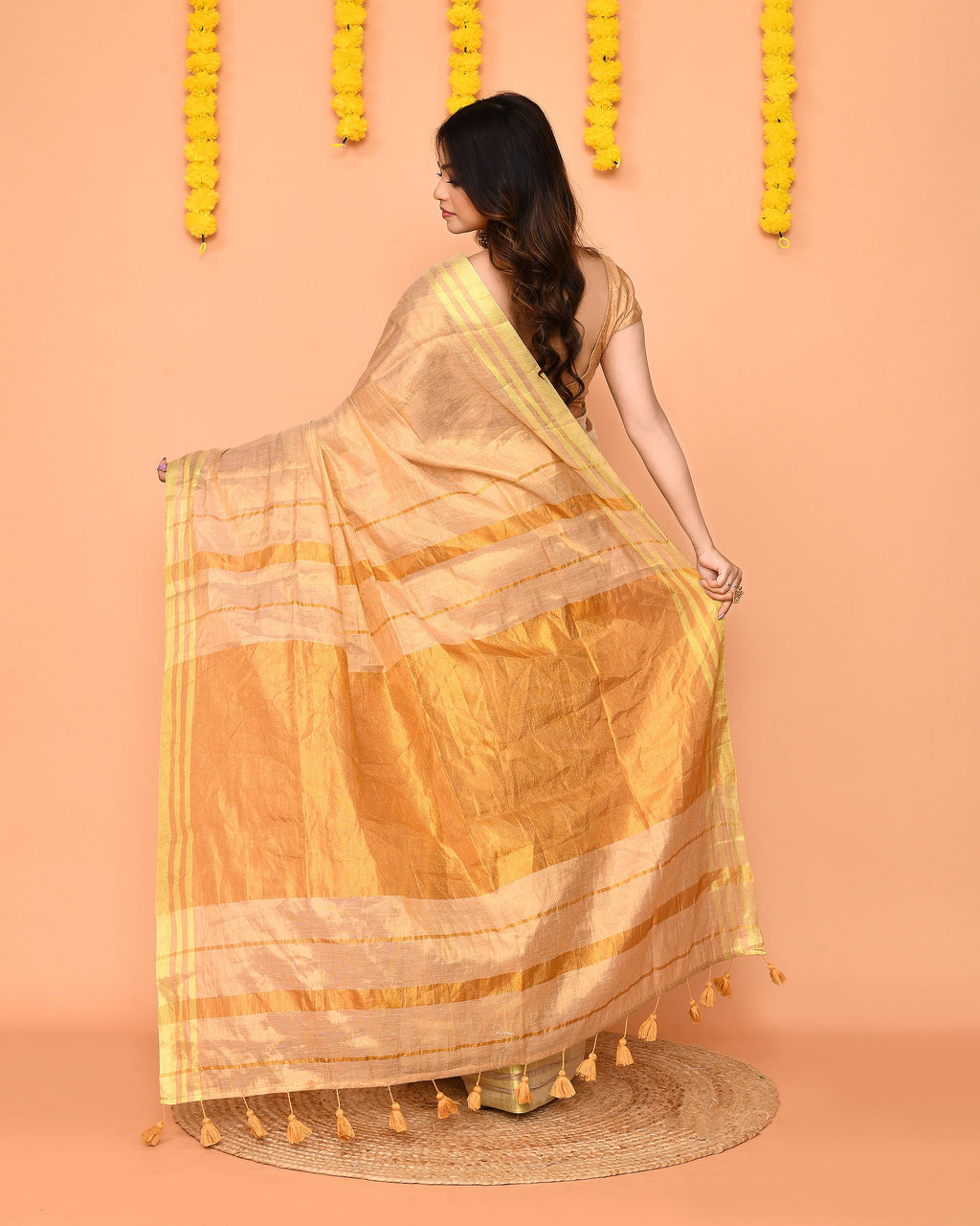 Beige Zari Cotton Handloom Tissue Saree with Red Borders