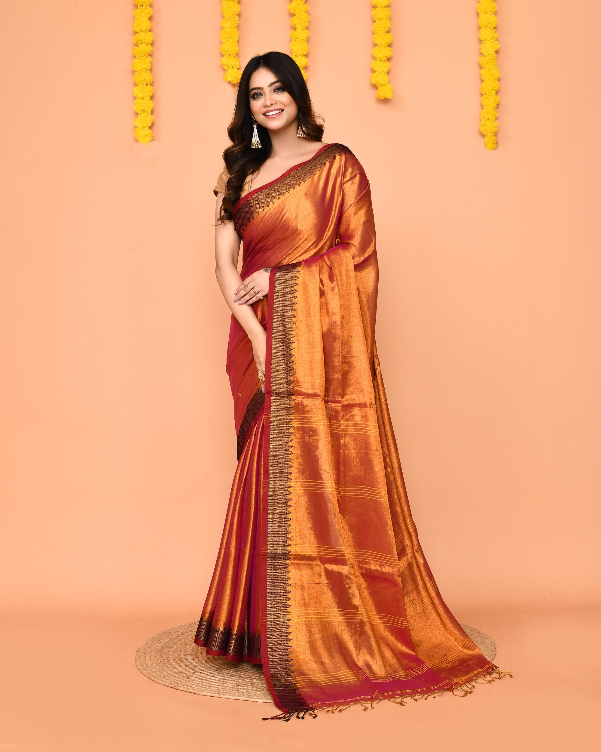 Pink Yellow Dual Tone Zari Cotton Handloom Tissue Saree