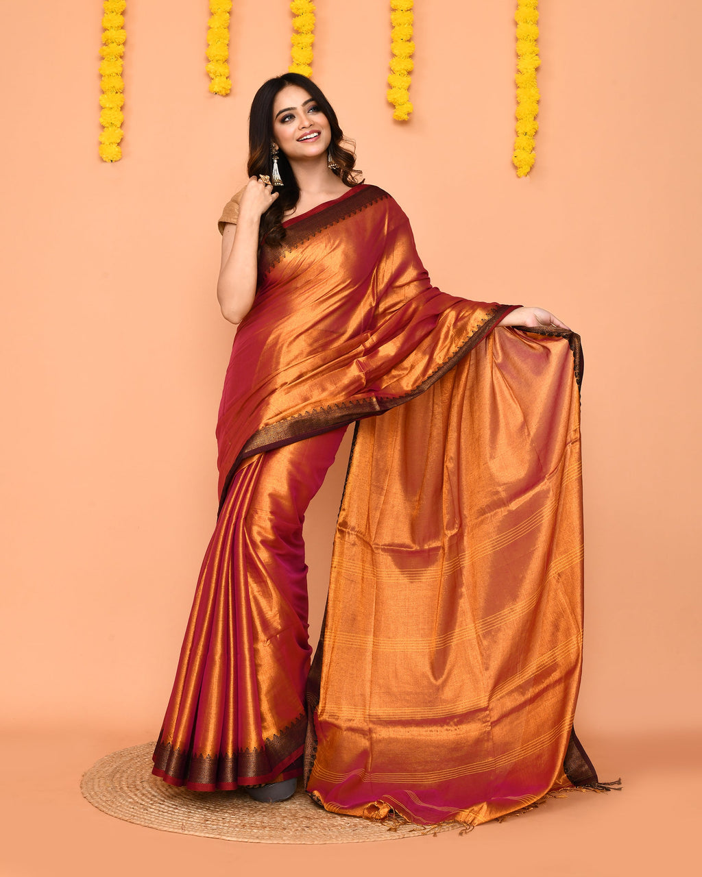 Pink Yellow Dual Tone Zari Cotton Handloom Tissue Saree