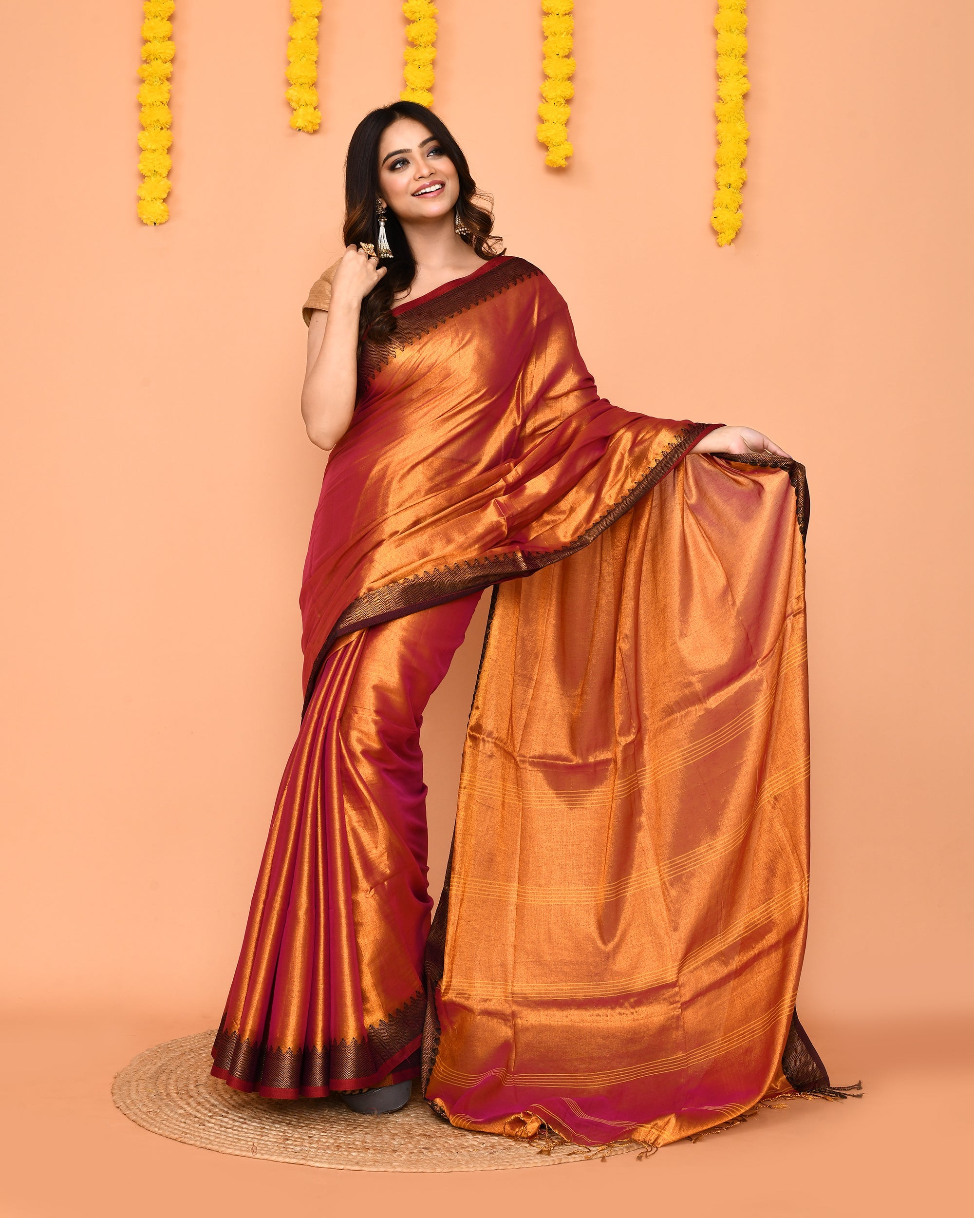 Pink Yellow Dual Tone Zari Cotton Handloom Tissue Saree