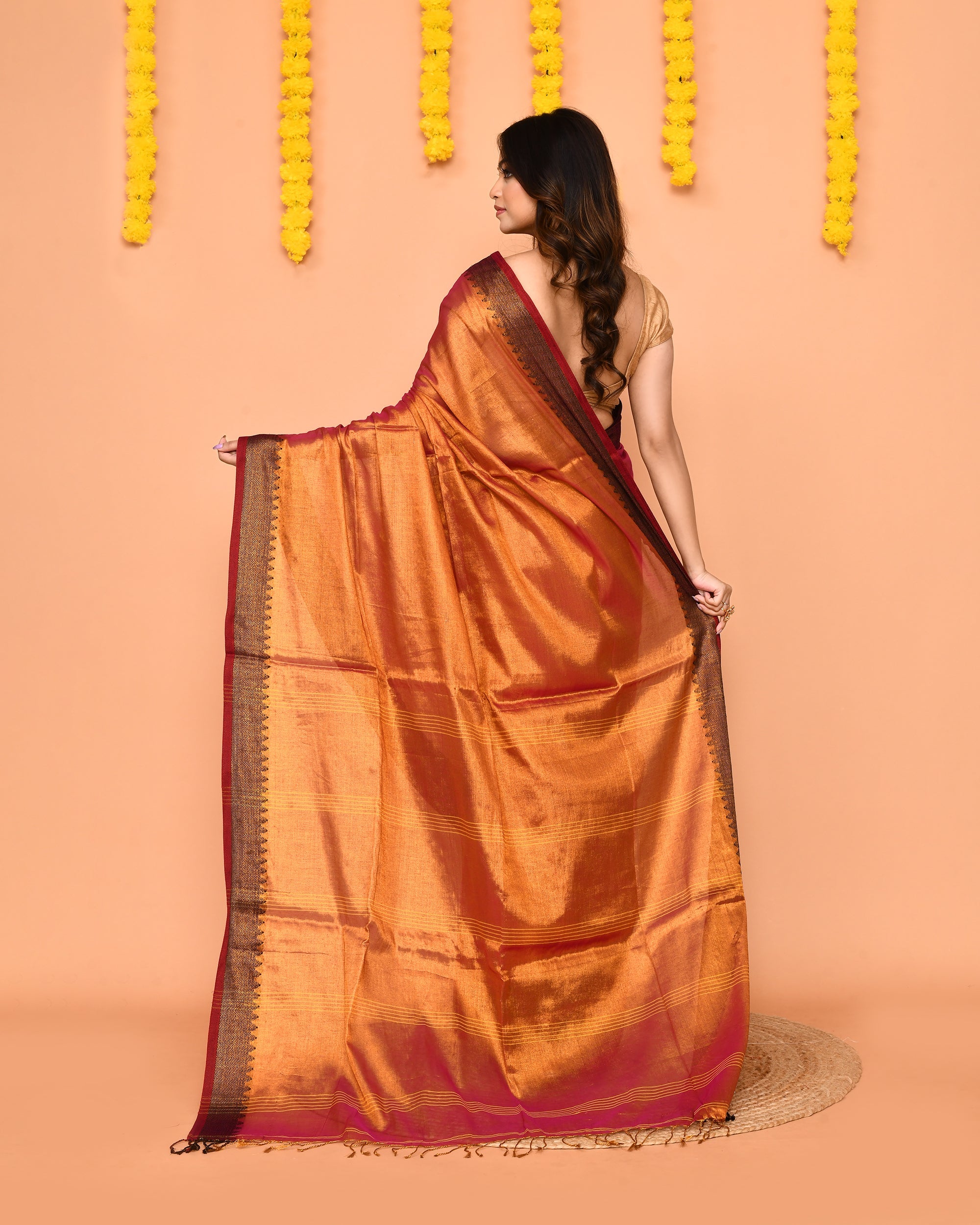 Pink Yellow Dual Tone Zari Cotton Handloom Tissue Saree