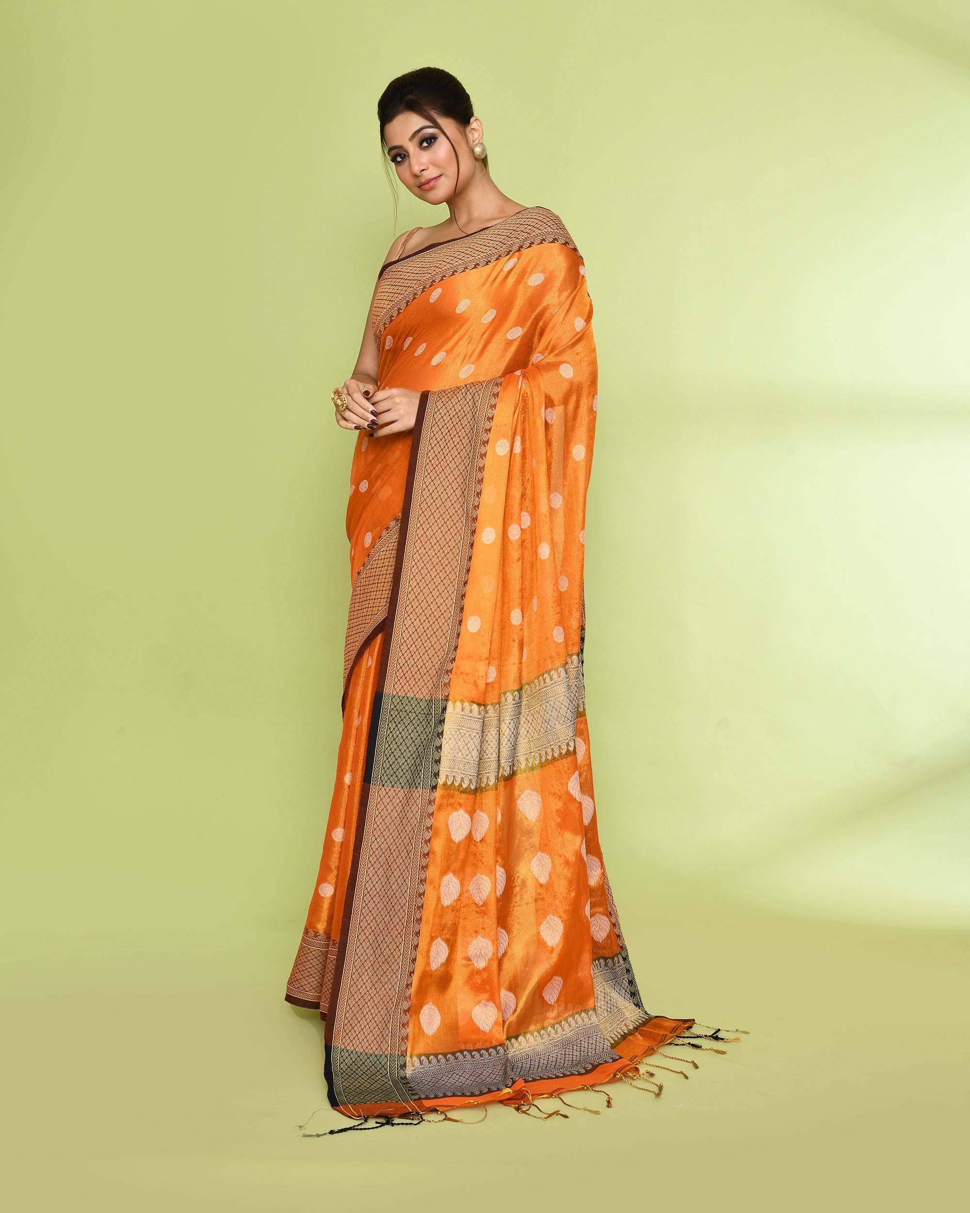 Orange Zari Cotton Tissue Jamdani Saree with Handloom Detail