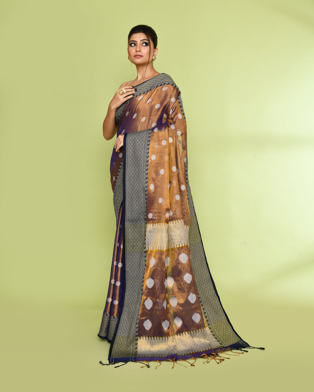 Piyari Fashion Women's Gold Blue Zari Cotton Tissue Jamdani Saree
