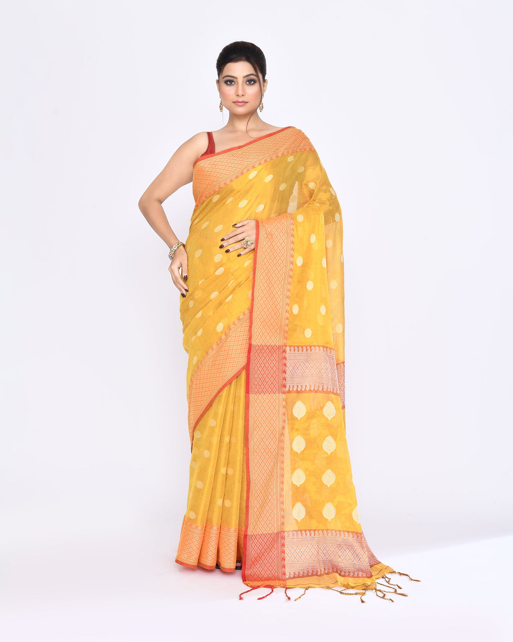 Piyari Fashion Women's Yellow Zari Cotton Tissue Jamdani Saree