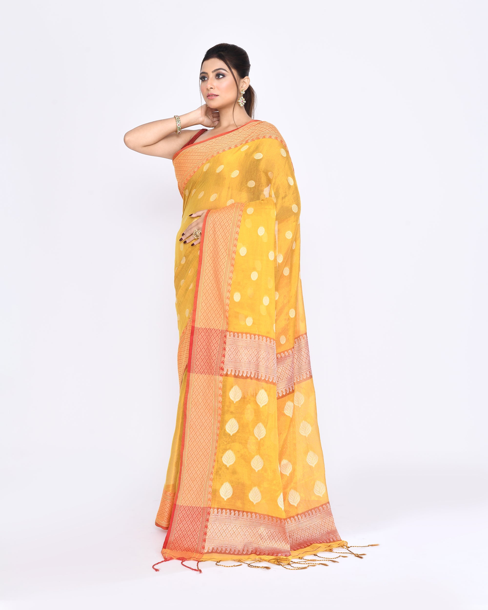 Piyari Fashion Women's Yellow Zari Cotton Tissue Jamdani Saree