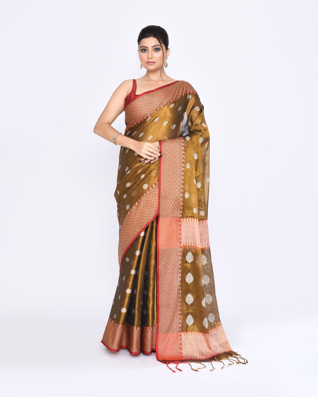 Golden Zari Cotton Tissue Jamdani Saree with Red Accents