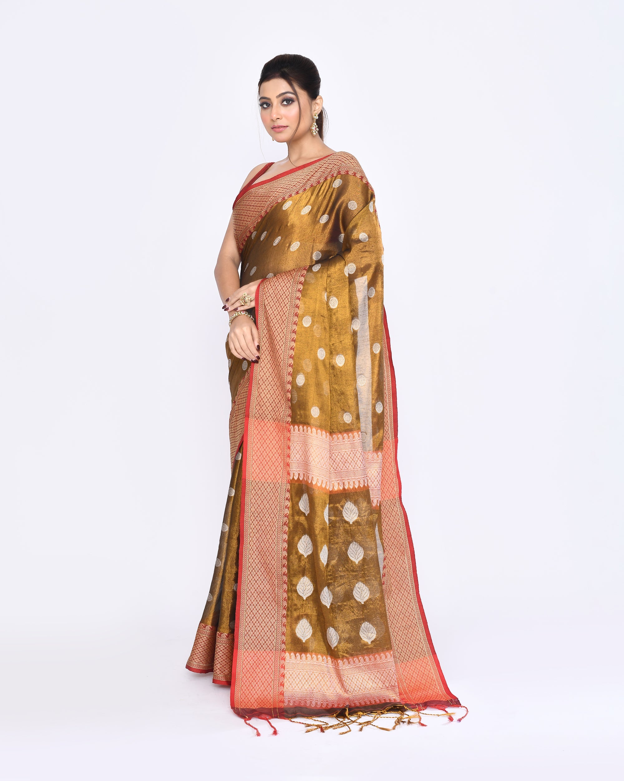 Golden Zari Cotton Tissue Jamdani Saree with Red Accents