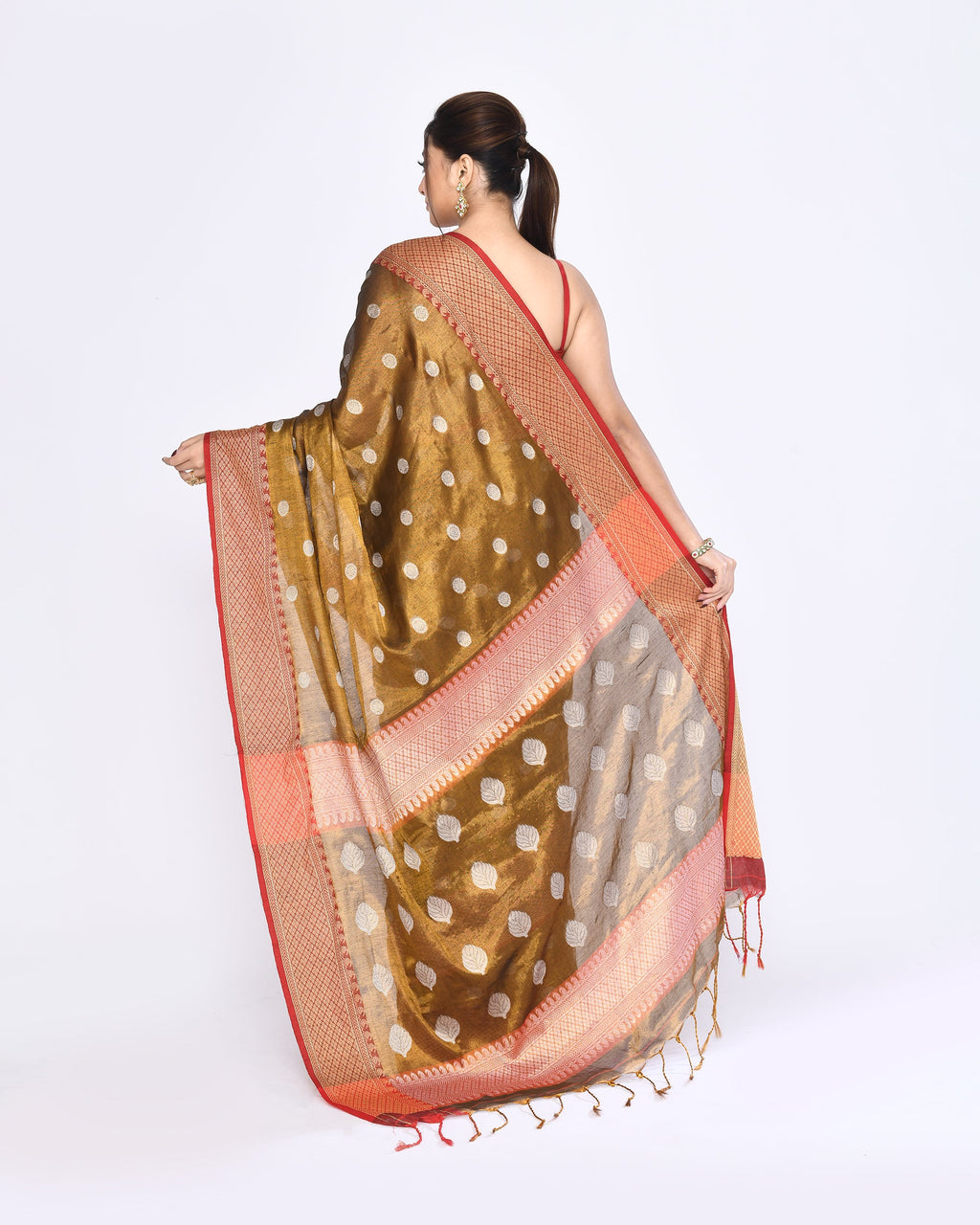 Golden Zari Cotton Tissue Jamdani Saree with Red Accents