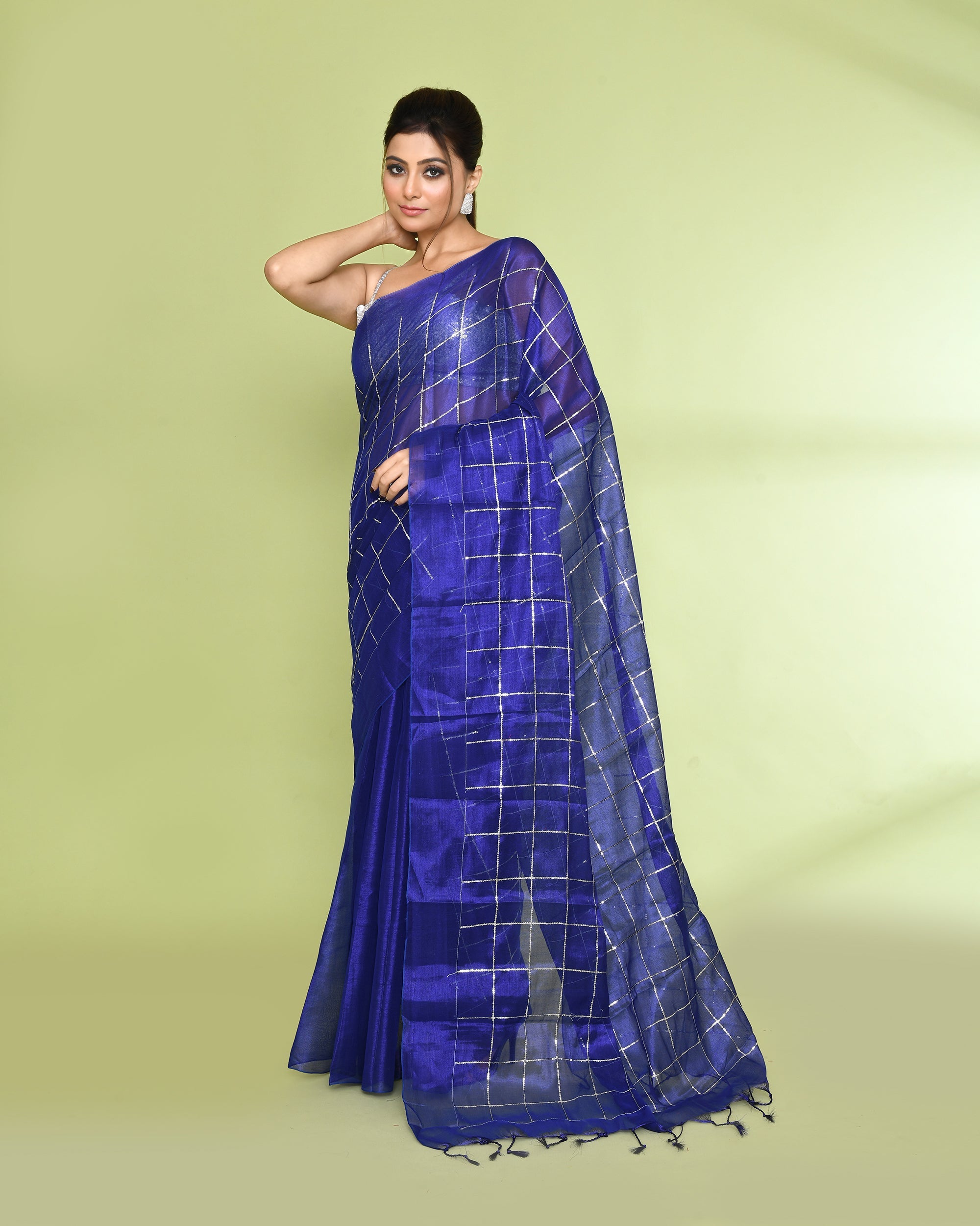 Blue Zari Cotton Tissue Sequin Saree with Vibrant Borders