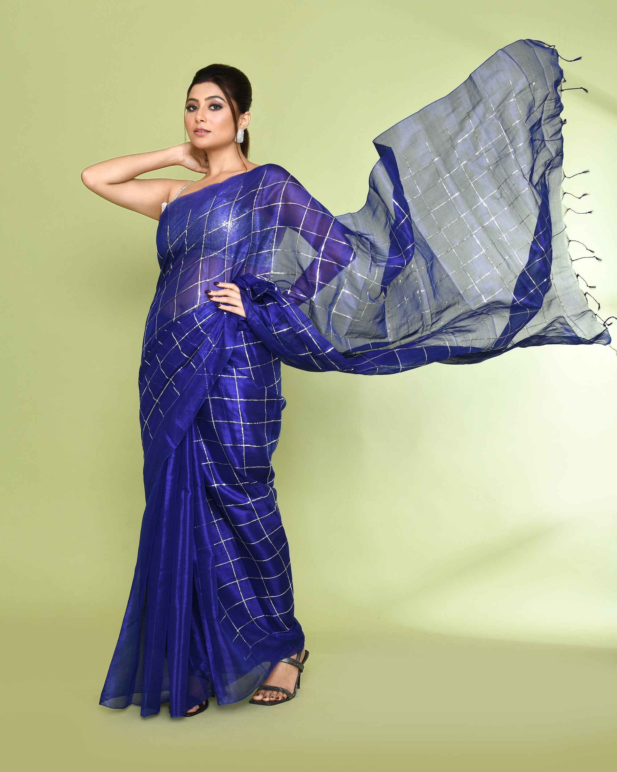 Blue Zari Cotton Tissue Sequin Saree with Vibrant Borders