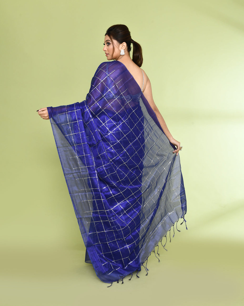 Blue Zari Cotton Tissue Sequin Saree with Vibrant Borders
