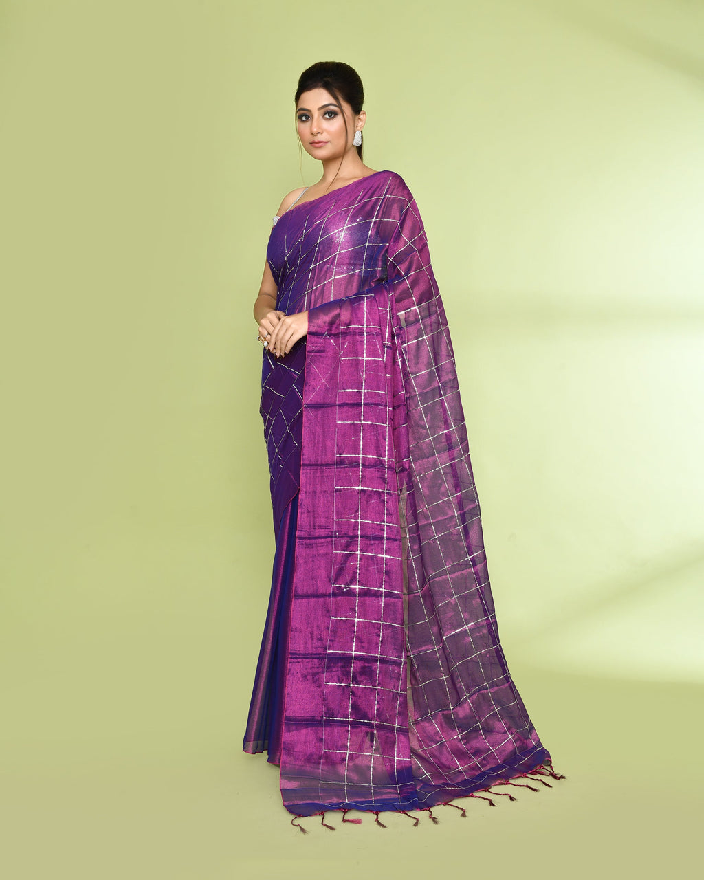 Violet Zari Cotton Tissue Sequin Saree with Vibrant Borders