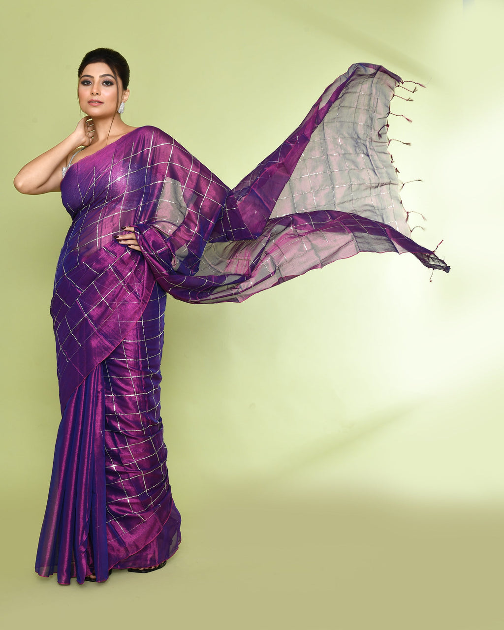 Violet zari cotton tissue saree with sequin embellishments and vibrant border details