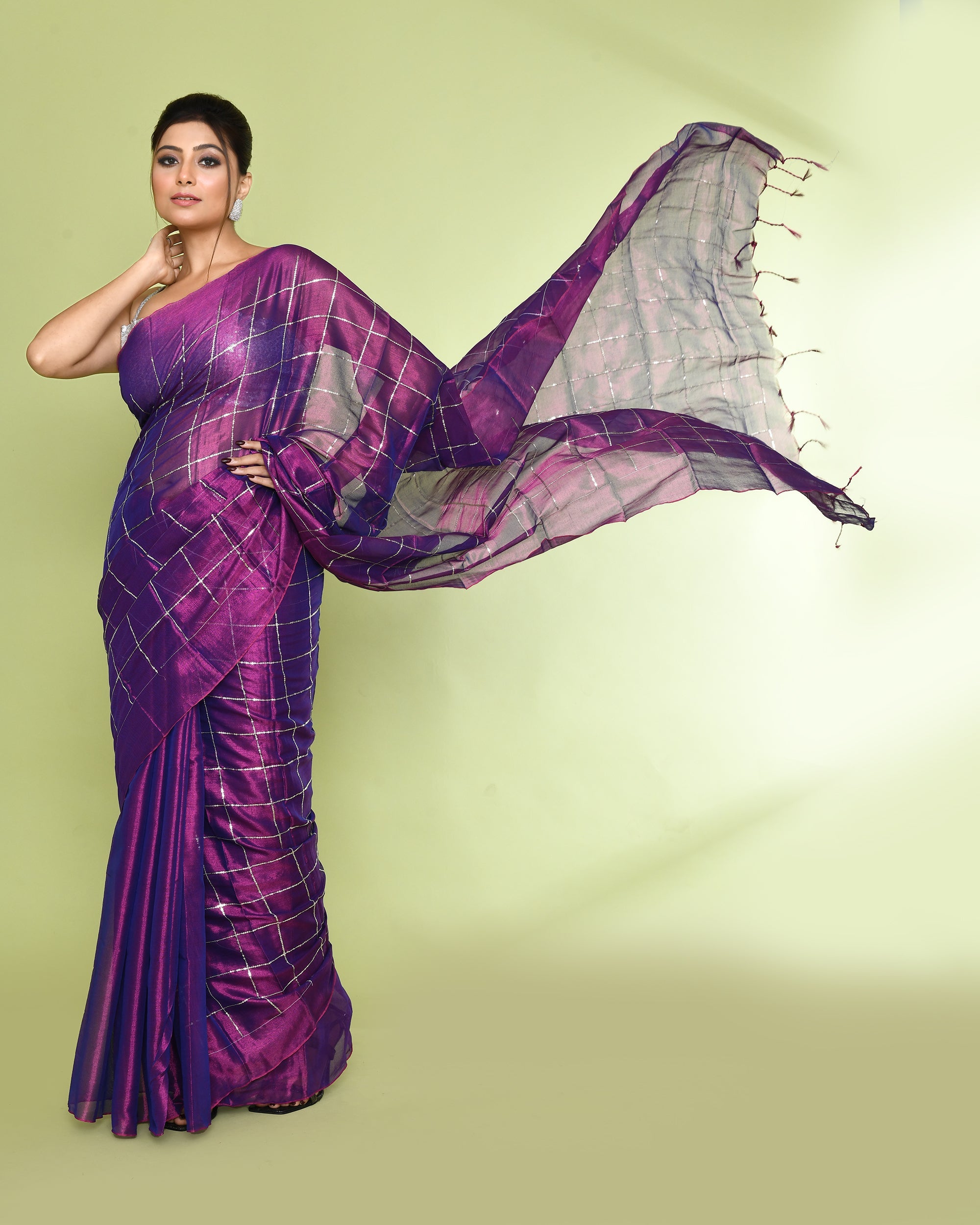 Violet zari cotton tissue saree with sequin embellishments and vibrant border details