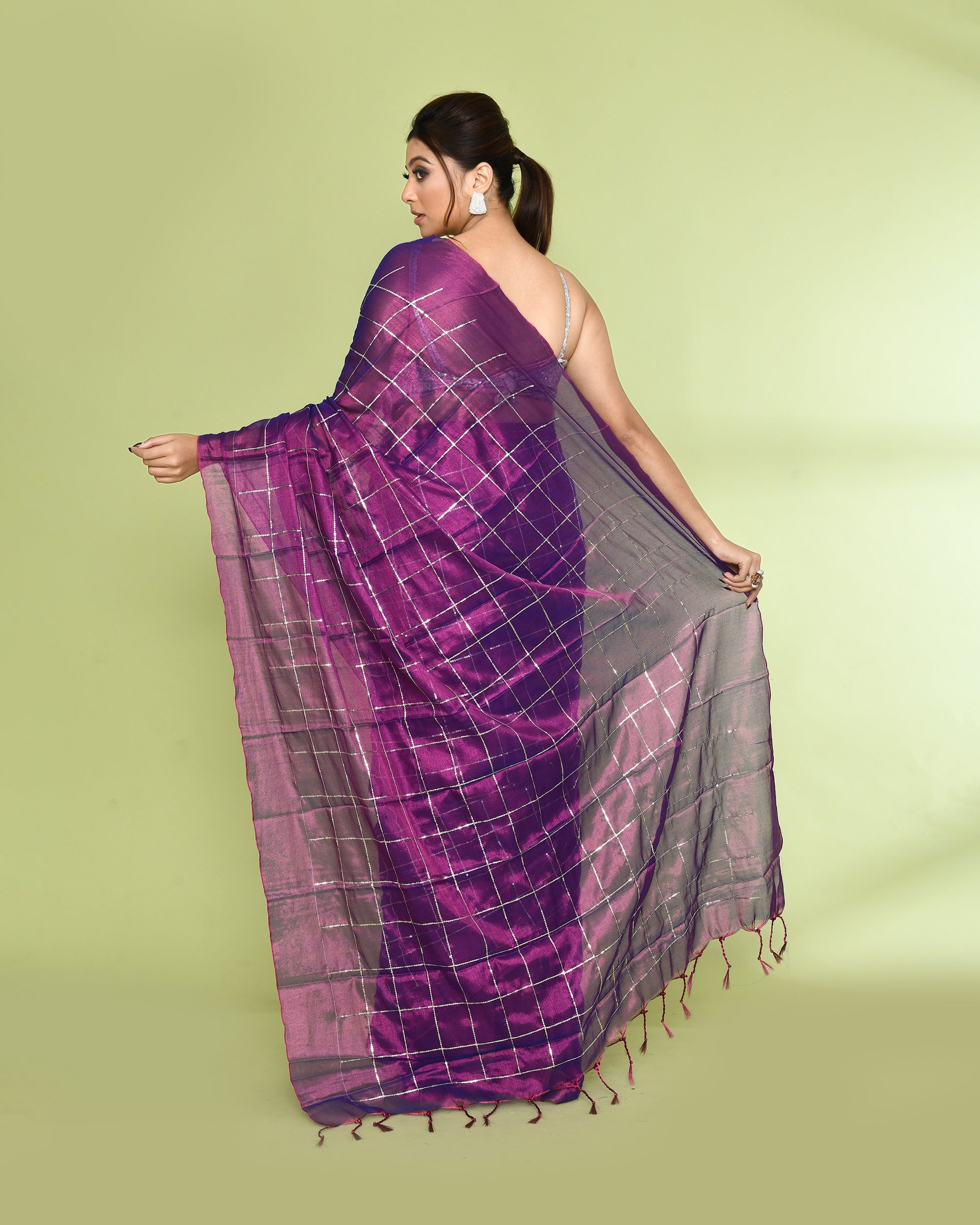 Violet Zari Cotton Tissue Sequin Saree with Vibrant Borders