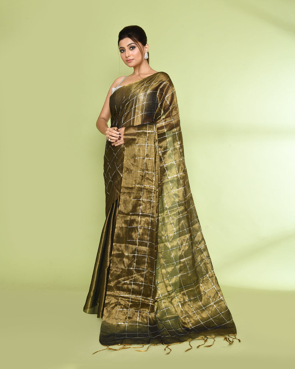 Golden Zari Cotton Tissue Sequin Saree with Dual Tone Finish