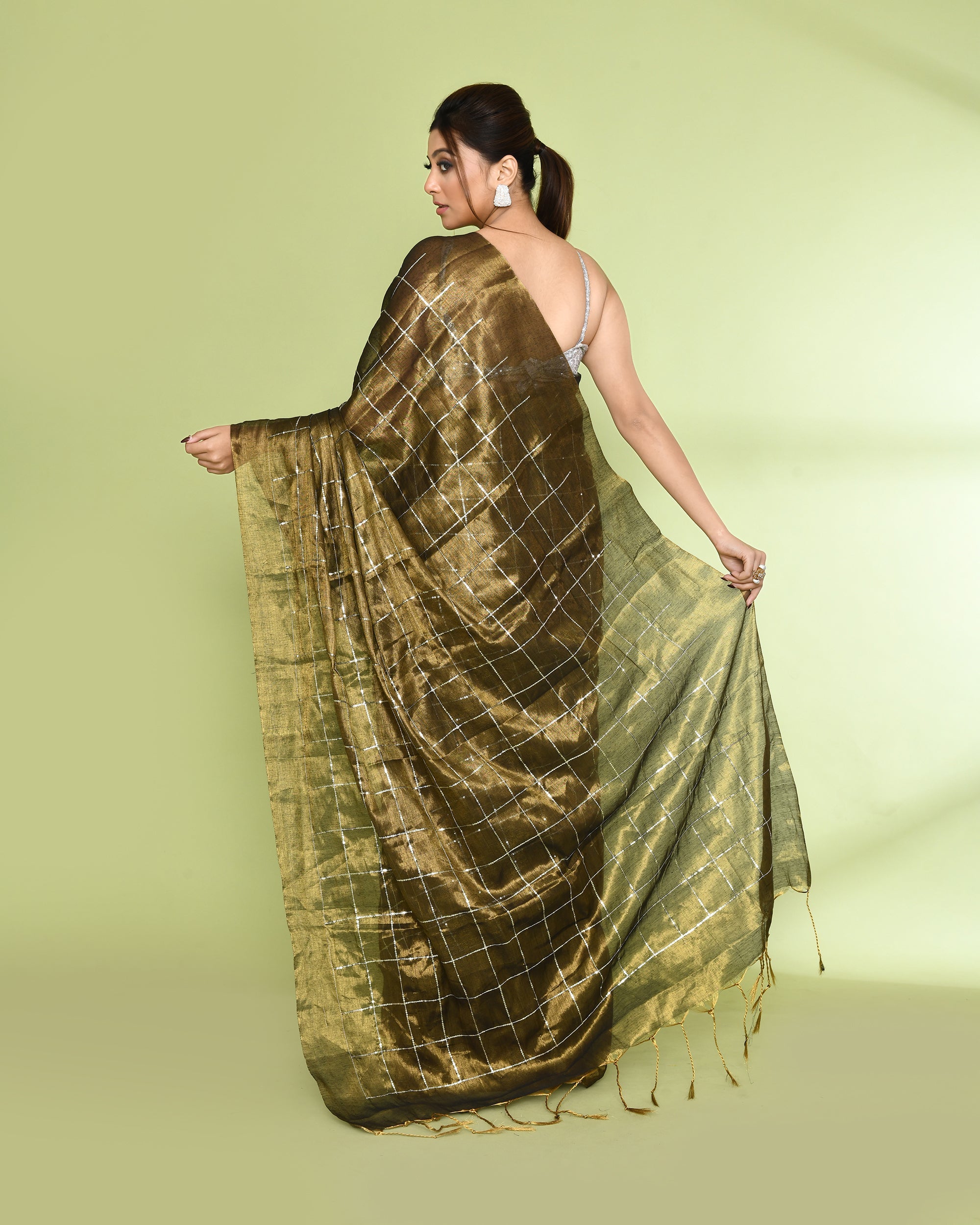 Golden Zari Cotton Tissue Sequin Saree with Dual Tone Finish