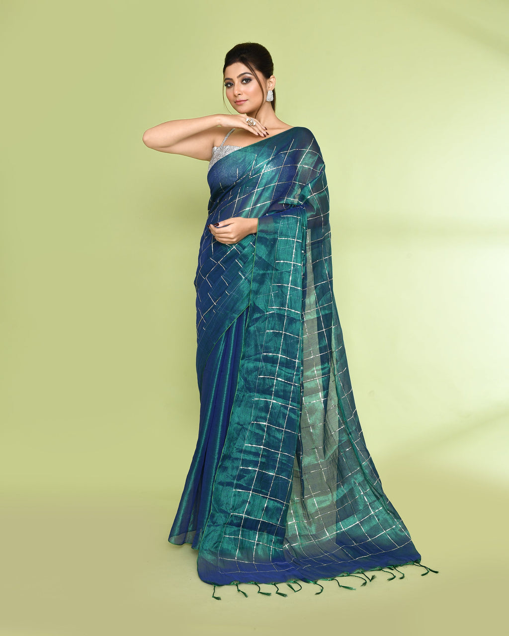 Blue Green Zari Cotton Tissue Sequin Saree