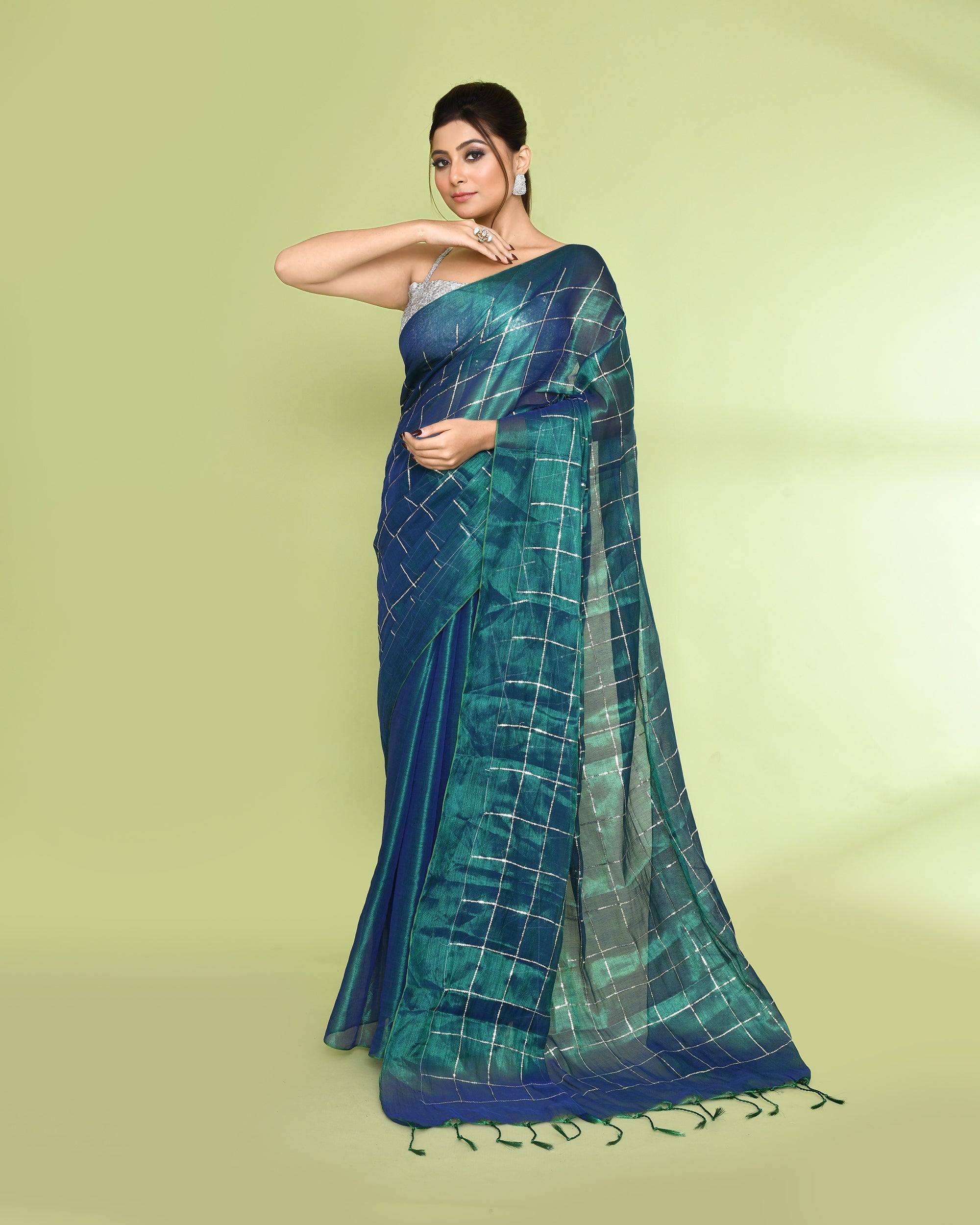Blue Green Zari Cotton Tissue Sequin Saree
