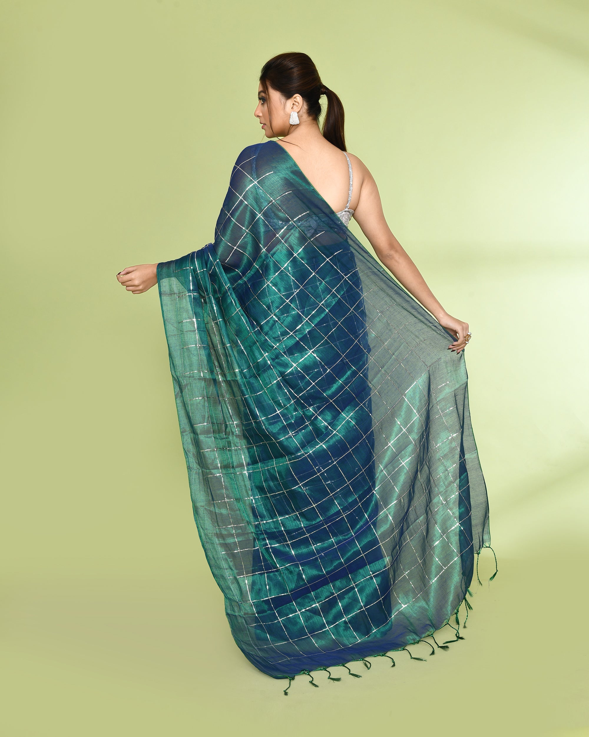 Blue Green Zari Cotton Tissue Sequin Saree