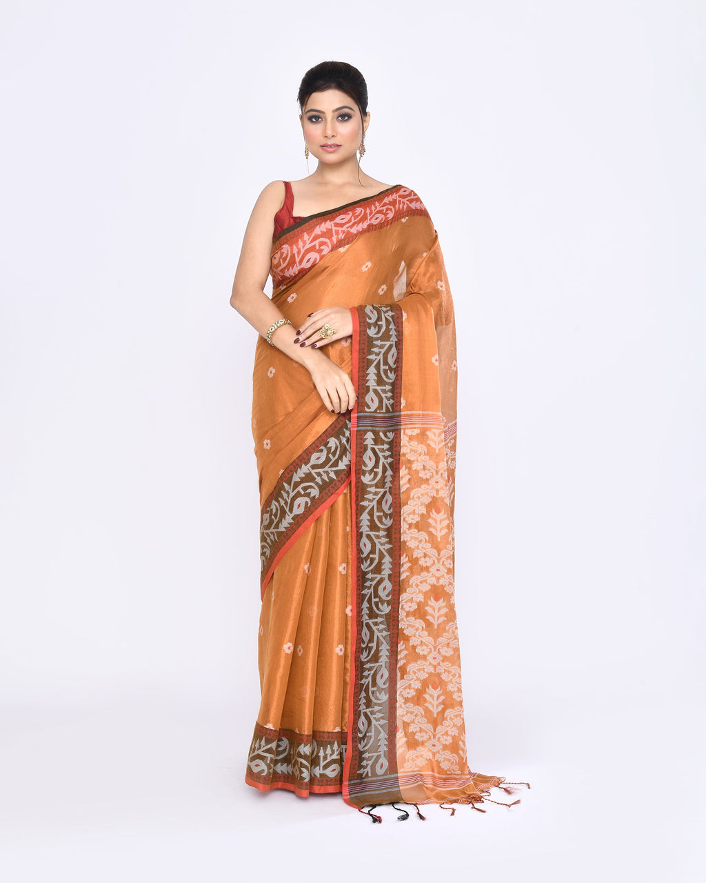 Gold dual-tone handloom tissue Jamdani saree with red border detail