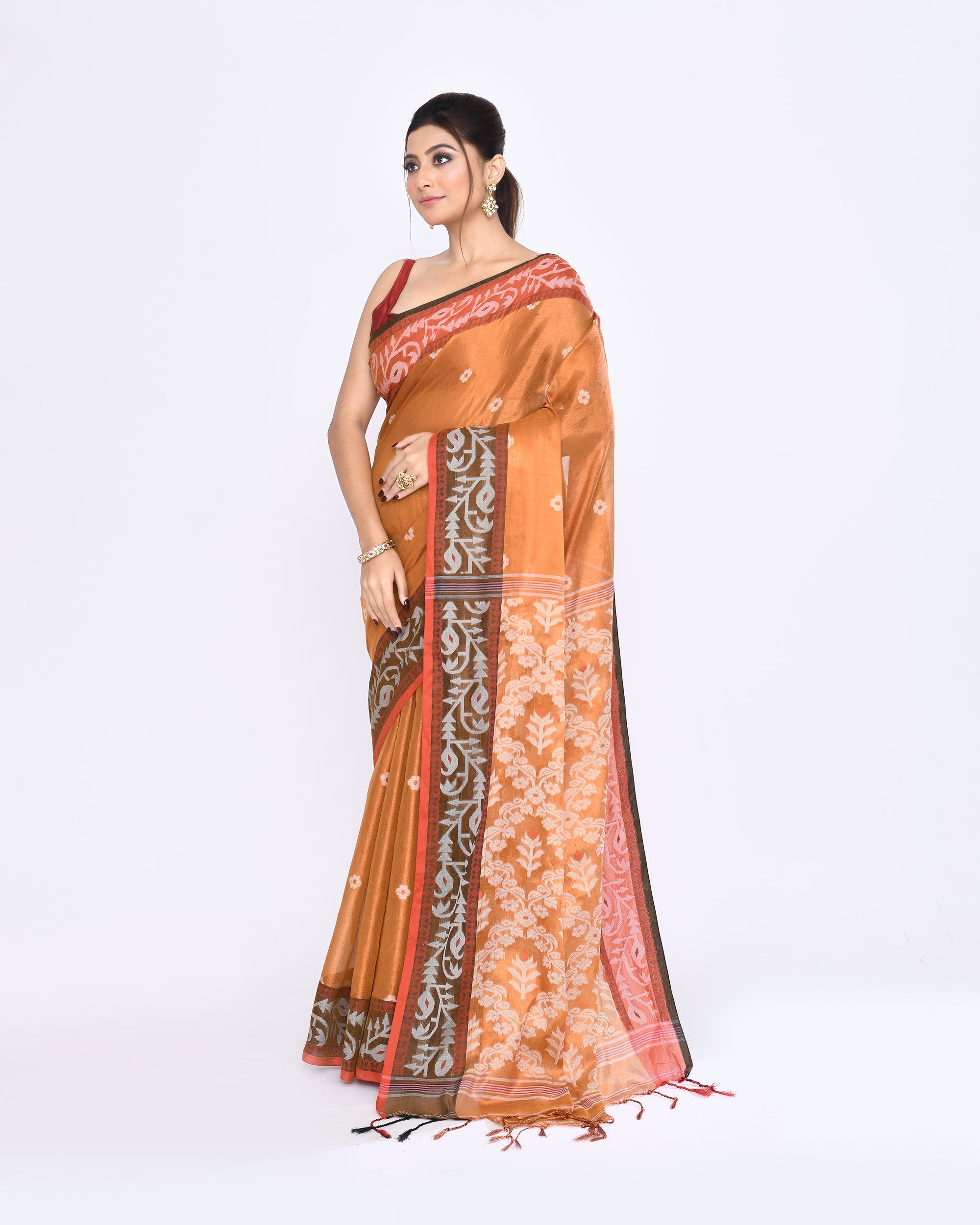Gold Zari Cotton Tissue Jamdani Saree with Red Border