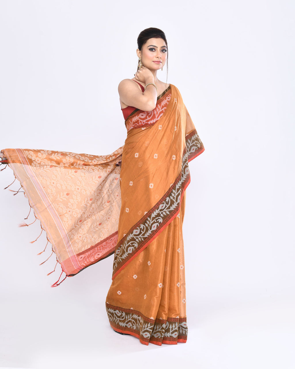 Gold Zari Cotton Tissue Jamdani Saree with Red Border