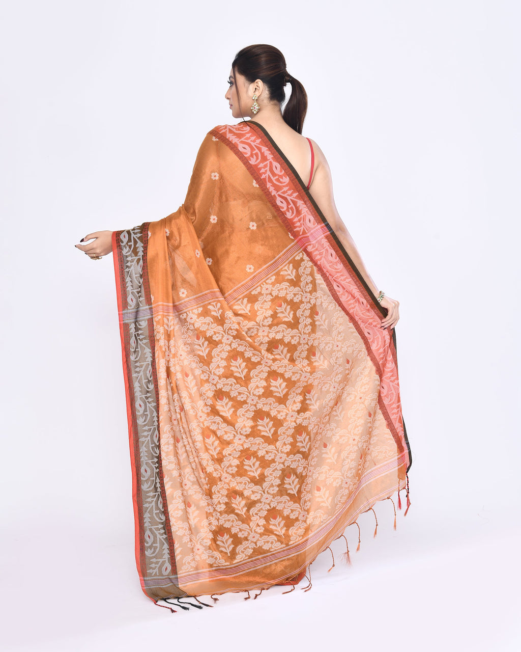 Gold Zari Cotton Tissue Jamdani Saree with Red Border