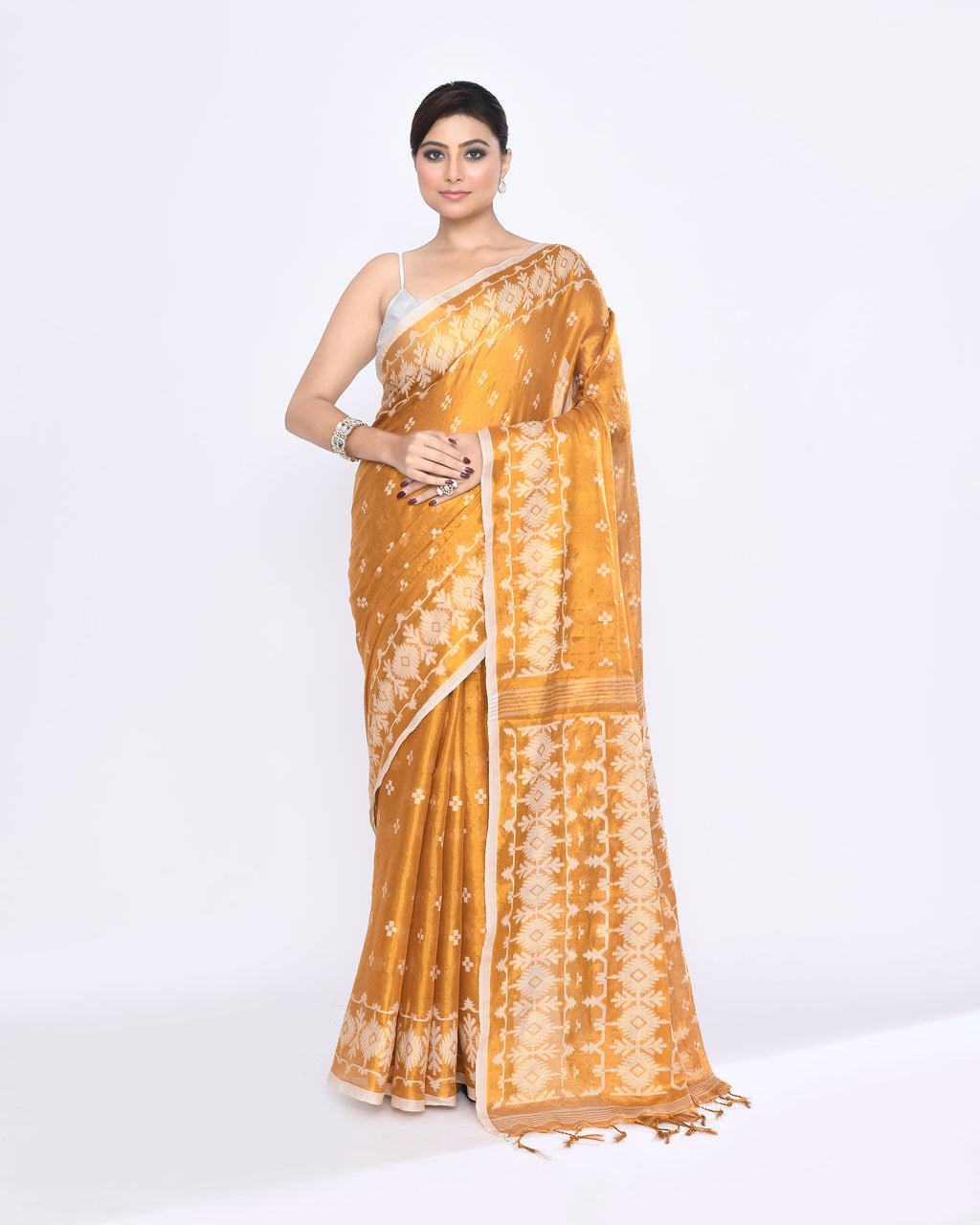 Gold zari cotton tissue Jamdani saree with red border