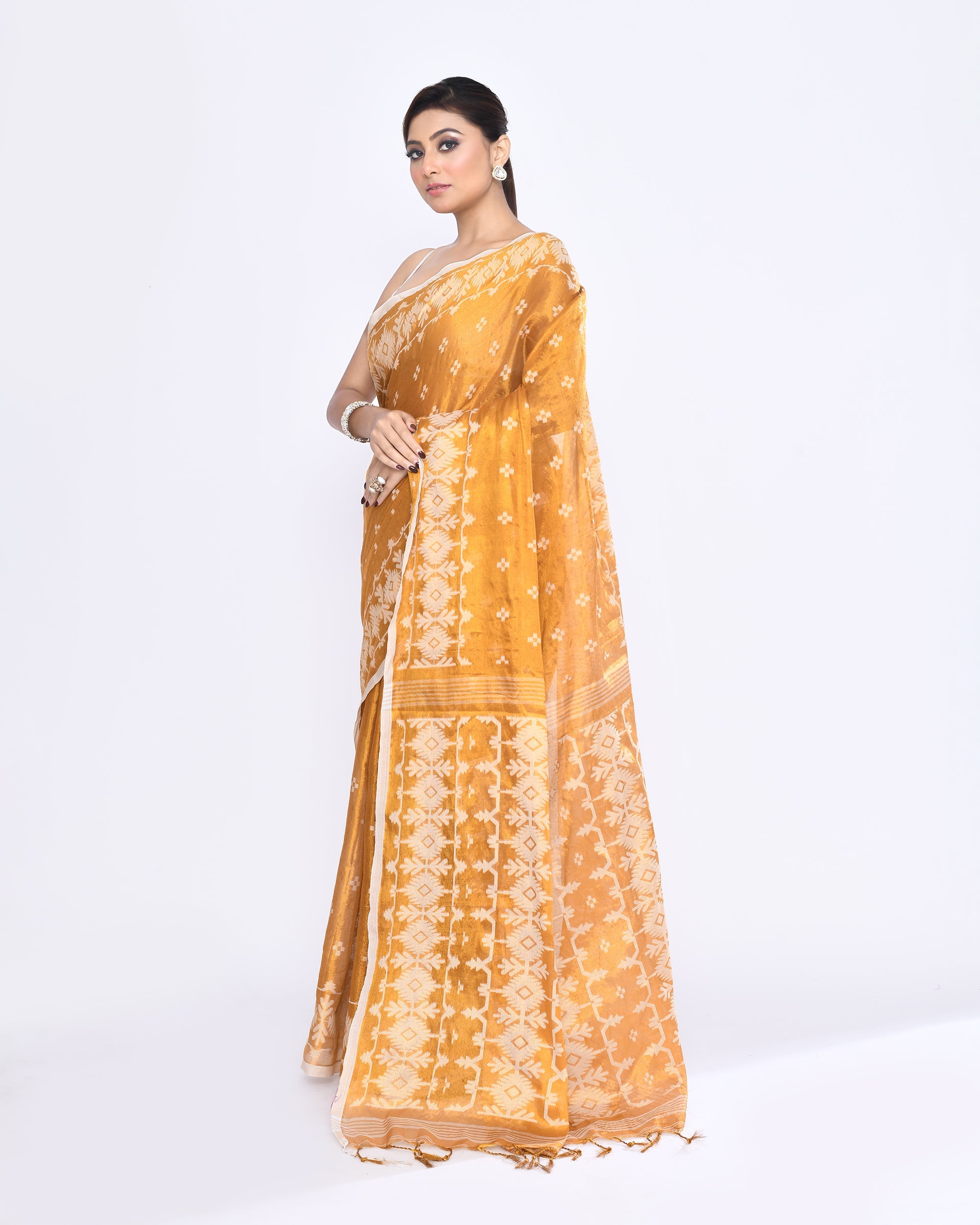 Gold Zari Cotton Tissue Jamdani Saree with Red Border