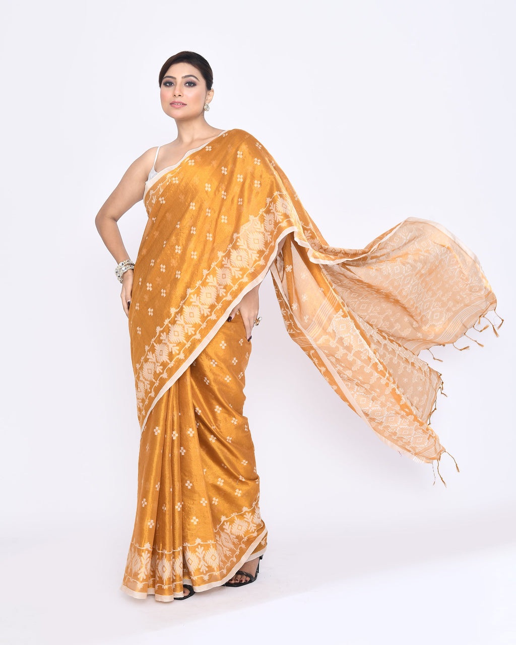 Gold Zari Cotton Tissue Jamdani Saree with Red Border