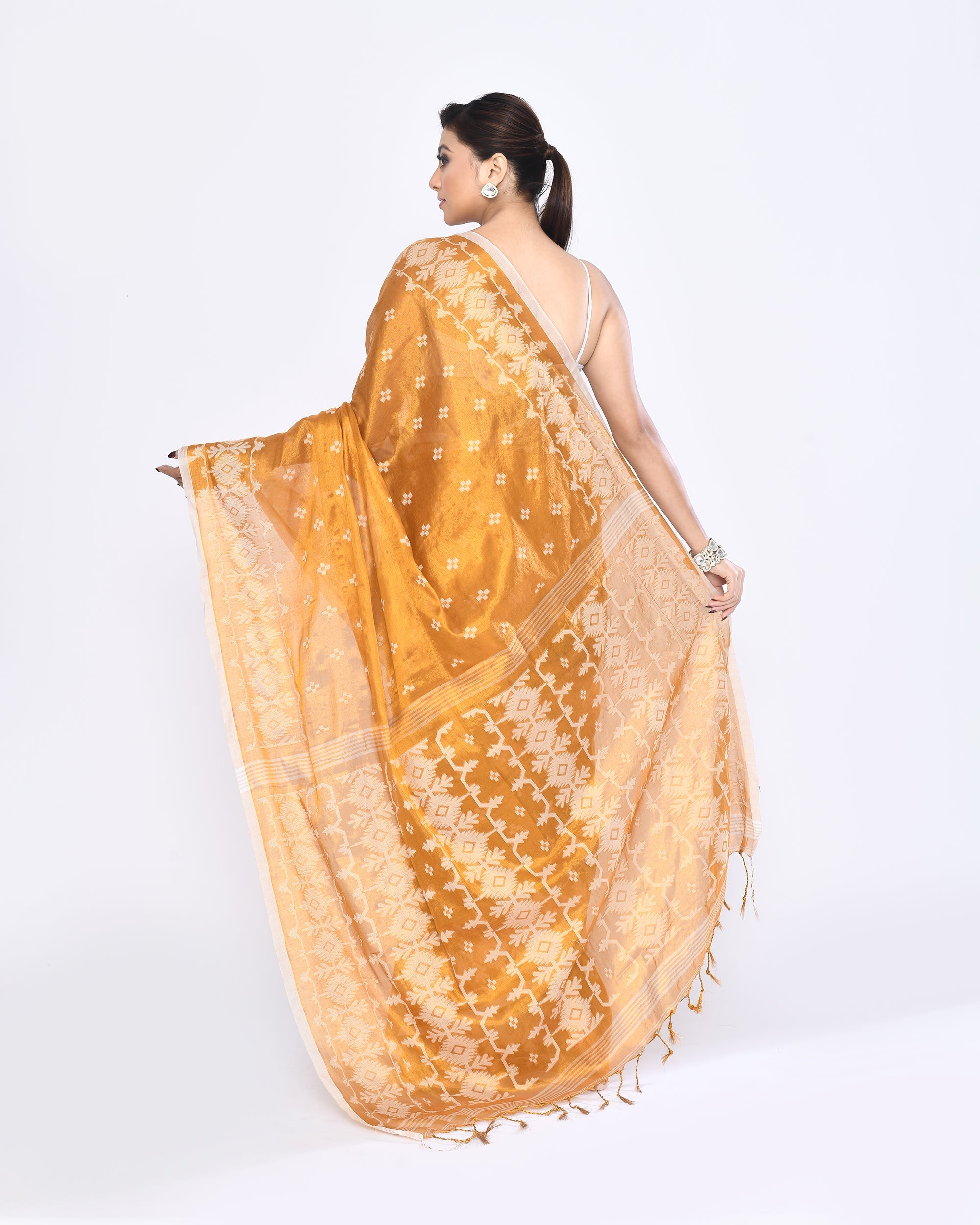 Gold Zari Cotton Tissue Jamdani Saree with Red Border
