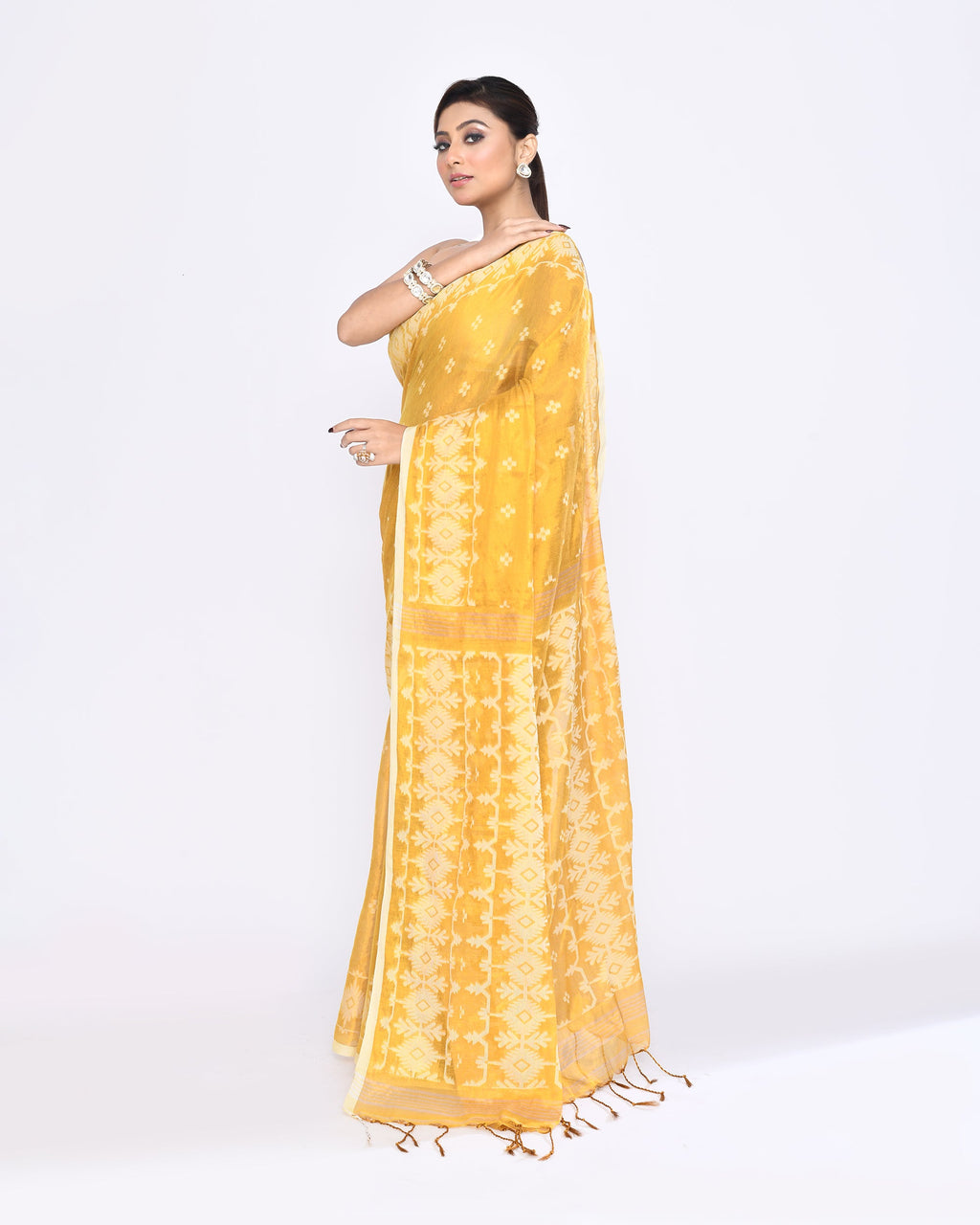 Yellow Zari Cotton Tissue Jamdani Saree with Dual Tone
