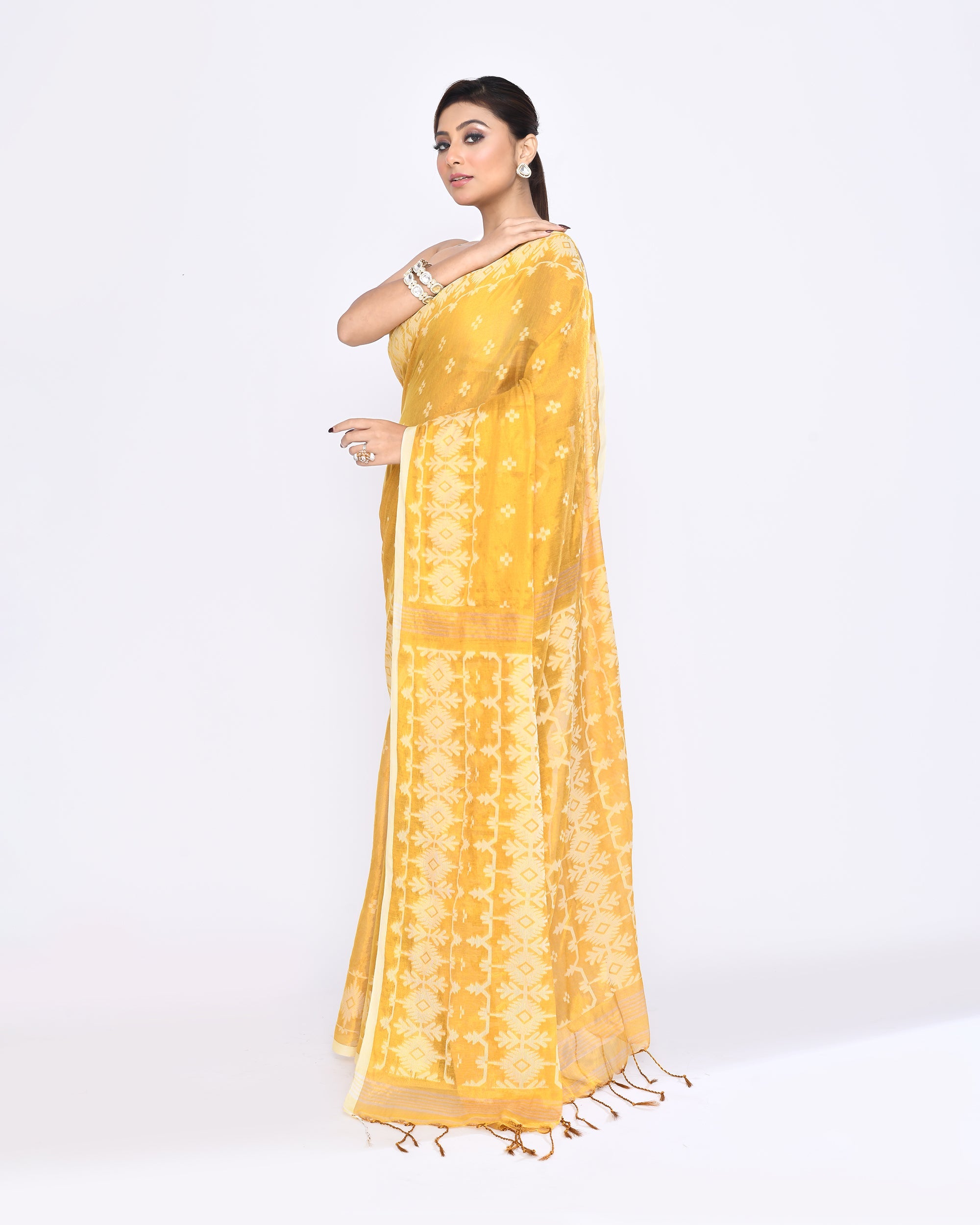 Yellow Zari Cotton Tissue Jamdani Saree with Dual Tone