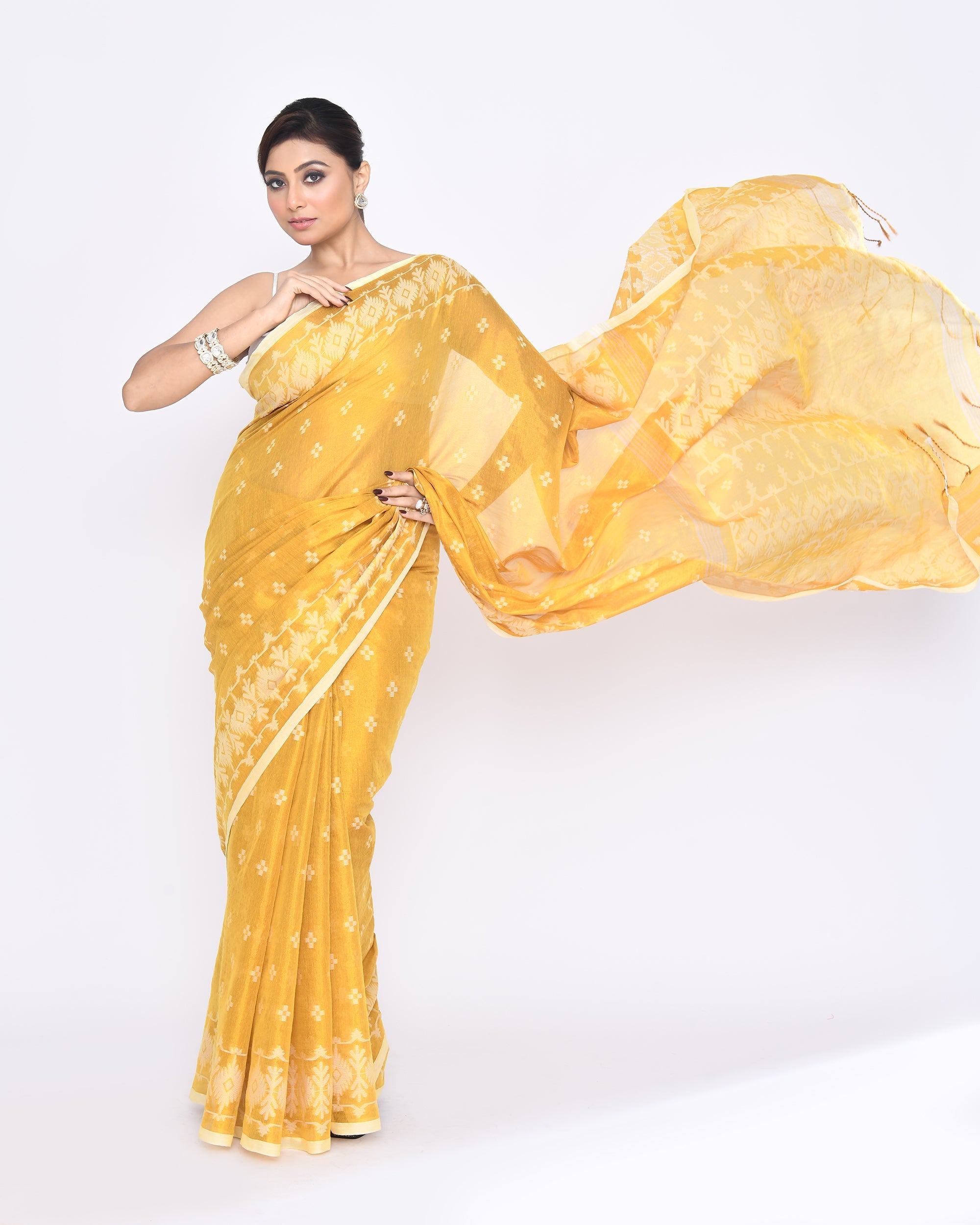 Yellow Zari Cotton Tissue Jamdani Saree with Dual Tone