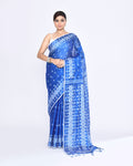 Blue Zari Cotton Tissue Jamdani Saree with dual-tone body and white border