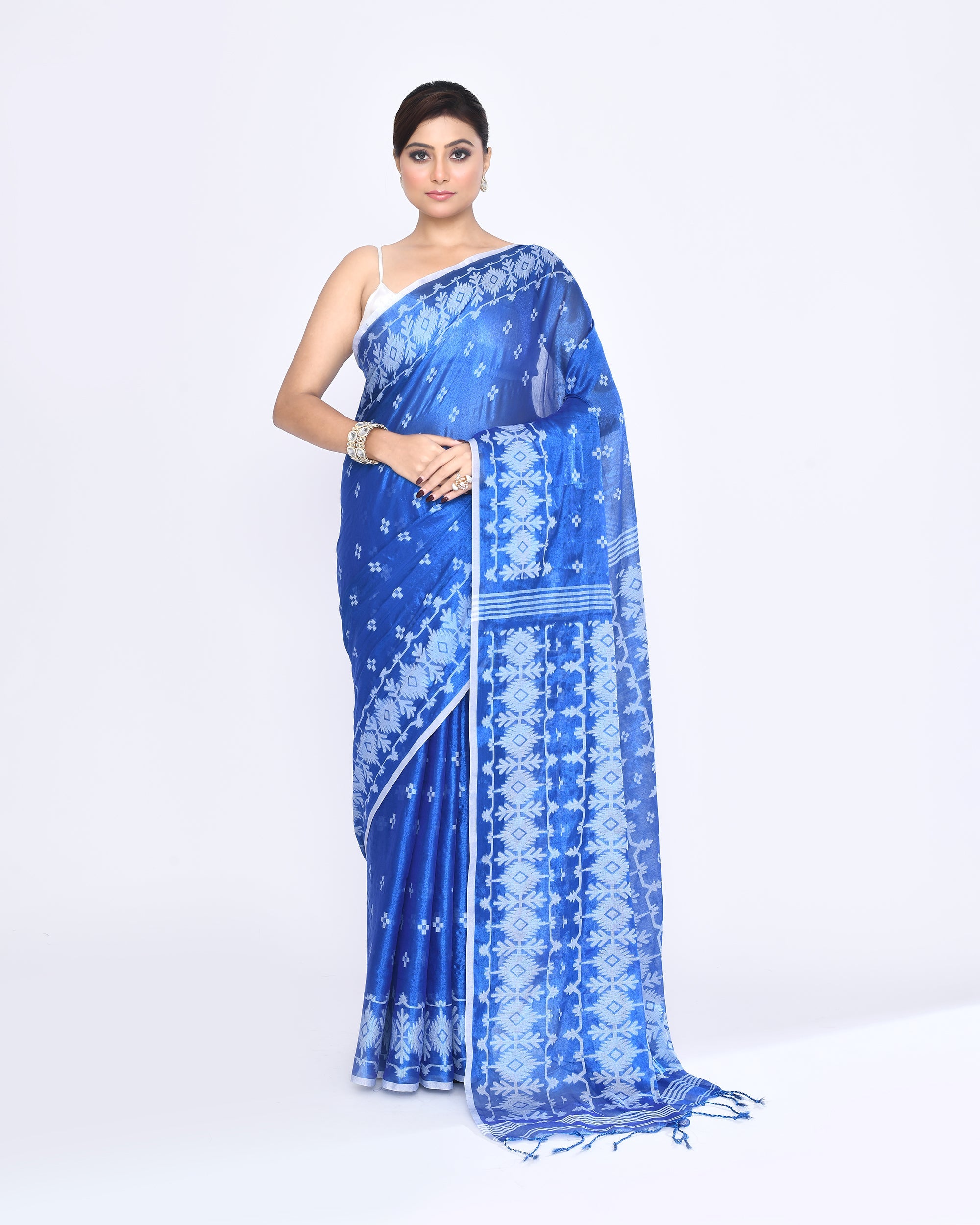 Blue Zari Cotton Tissue Jamdani Saree with dual-tone body and white border