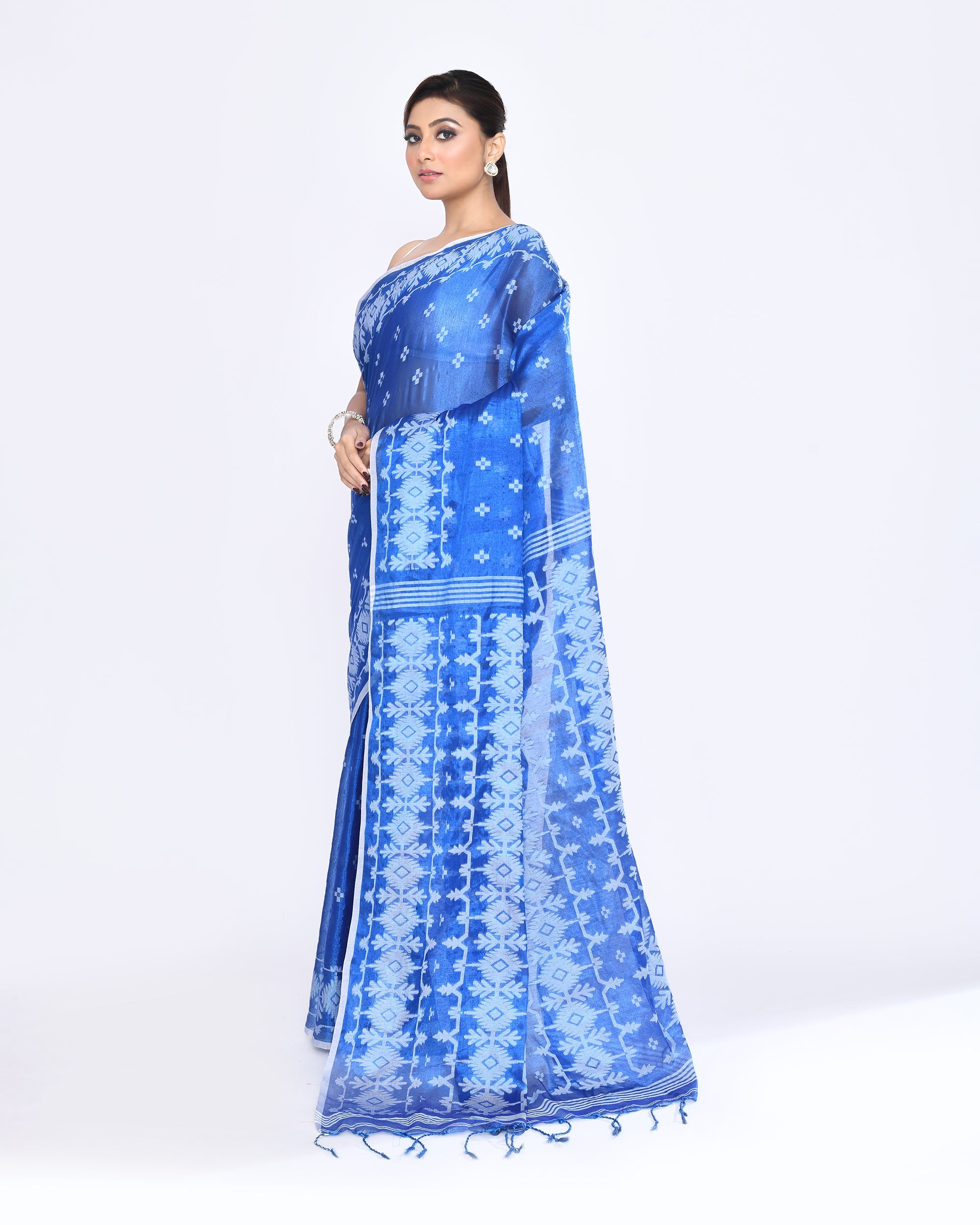Blue Zari Cotton Tissue Jamdani Saree with Dual Tone Weave