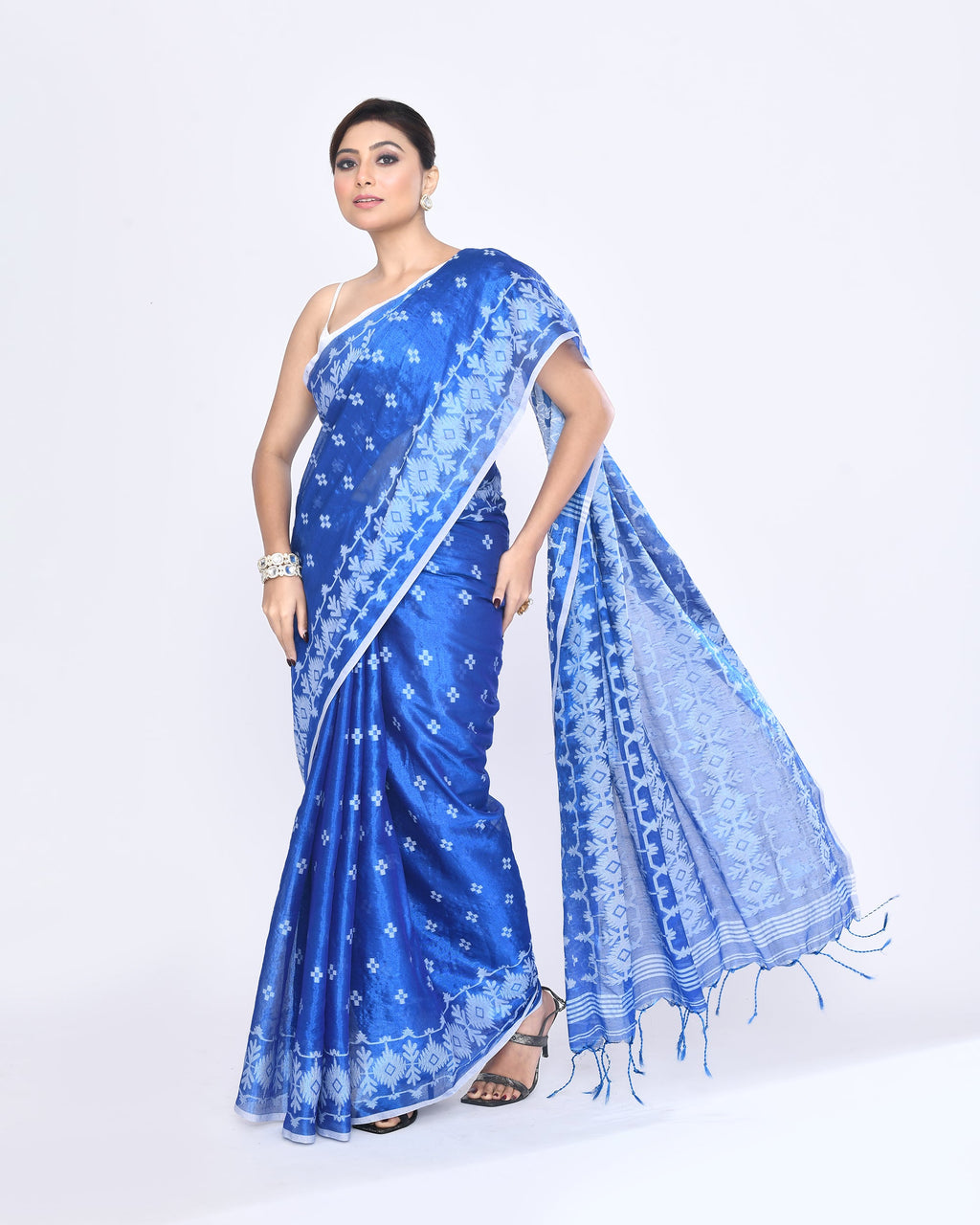 Blue Zari Cotton Tissue Jamdani Saree with Dual Tone Weave