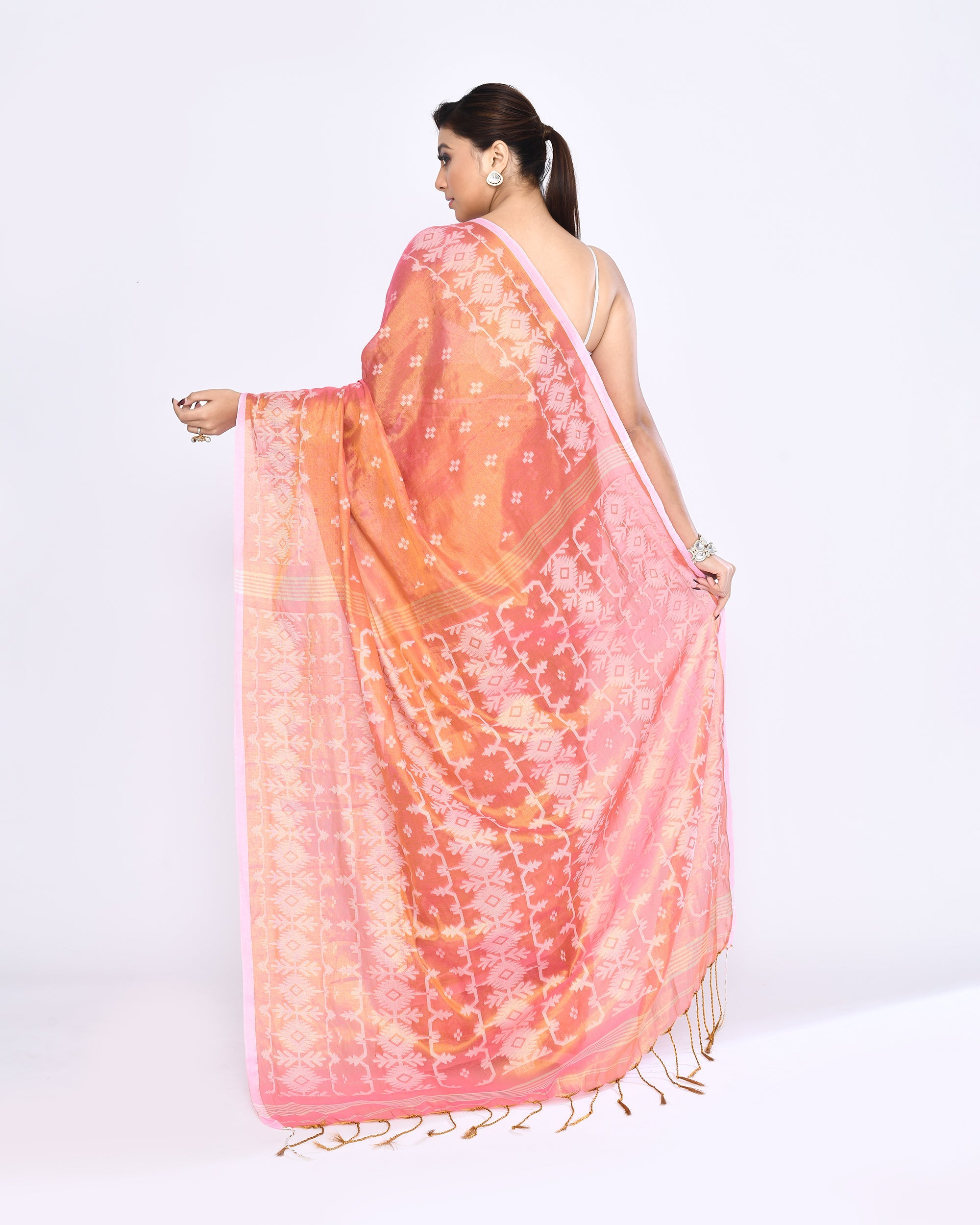 Piyari Fashion Women's Deep Peach Zari Cotton Tissue Jamdani Saree