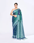 Blue Green dual-tone handloom cotton tissue Jamdani saree with gold zari border