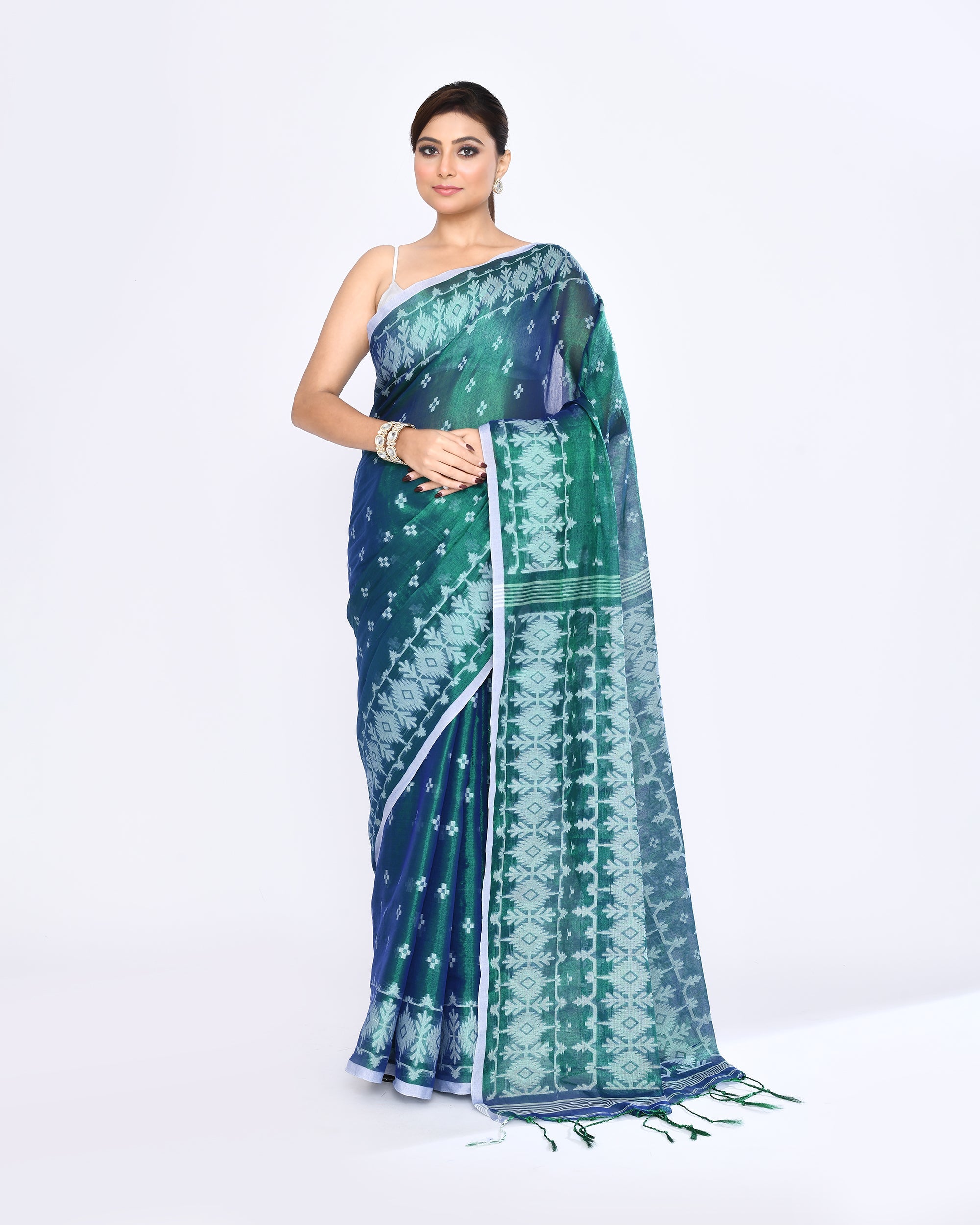 Blue Green dual-tone handloom cotton tissue Jamdani saree with gold zari border