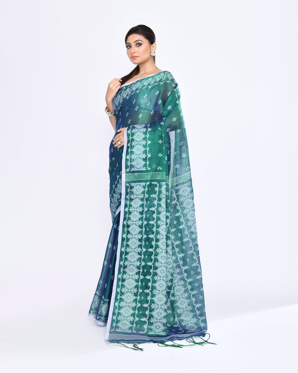Blue Green Zari Cotton Tissue Jamdani Handloom Saree