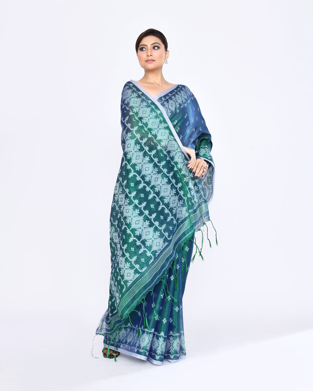 Blue Green Zari Cotton Tissue Jamdani Handloom Saree