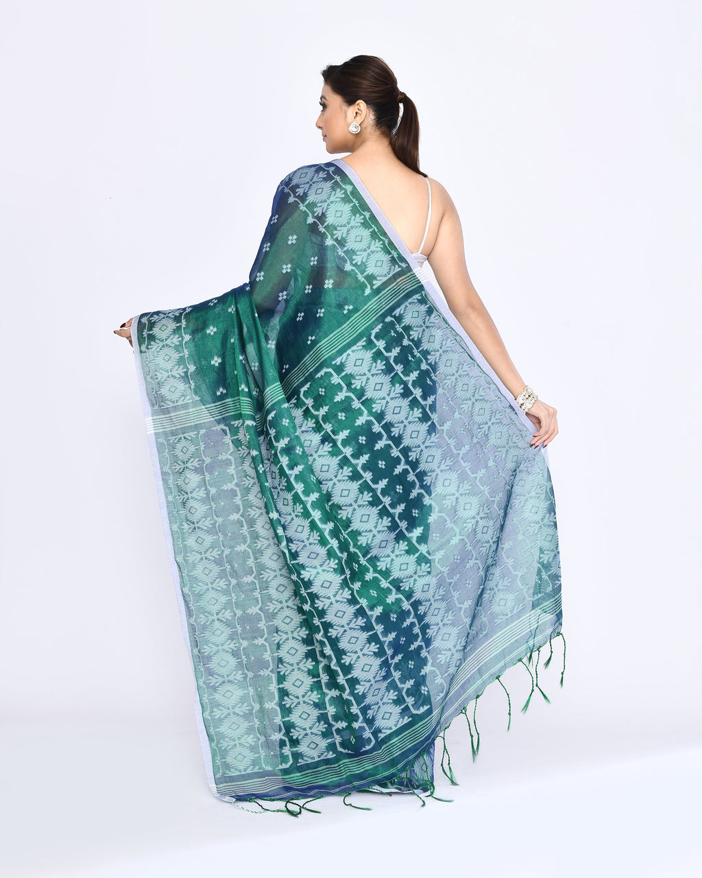Blue Green Zari Cotton Tissue Jamdani Handloom Saree