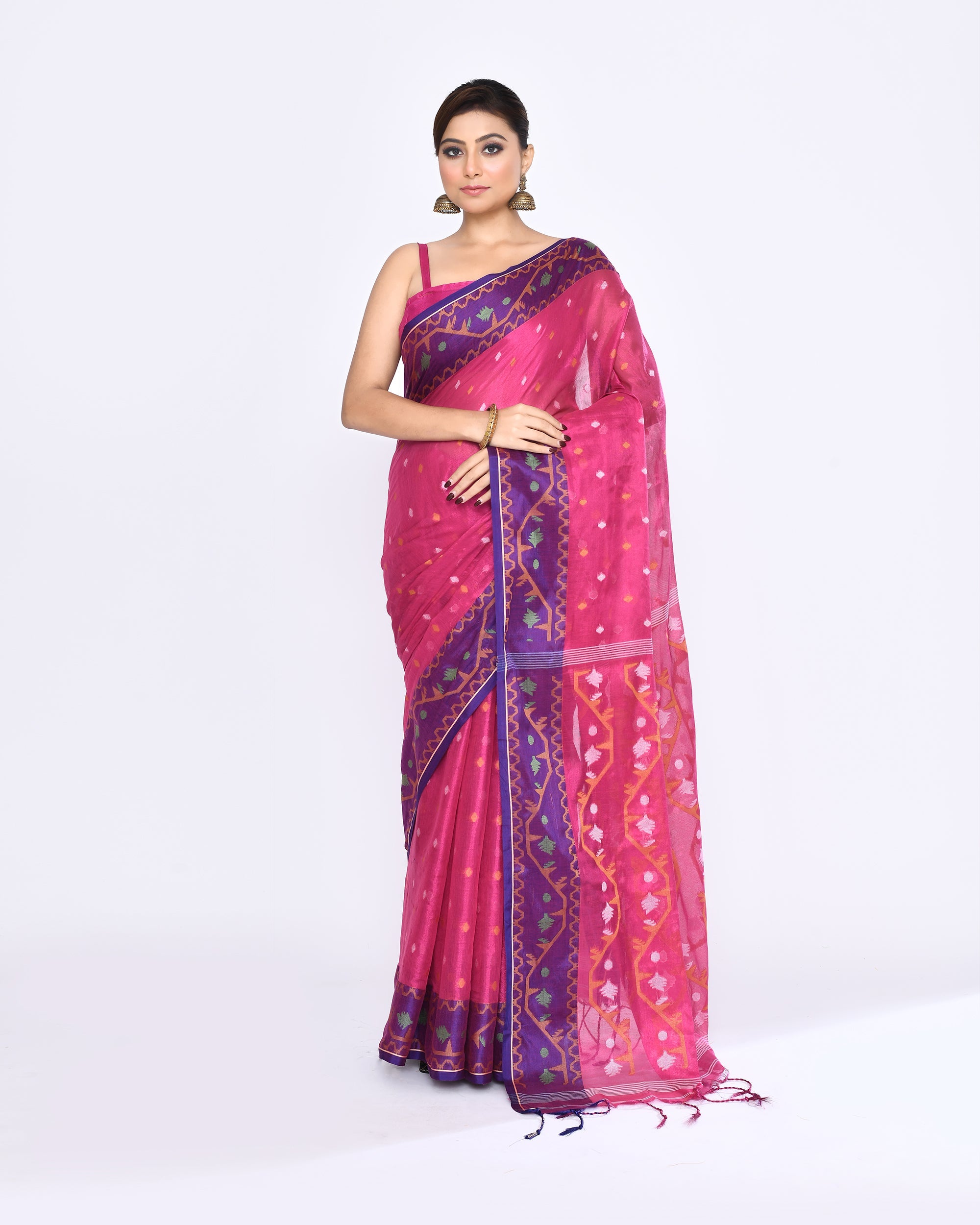 Piyari Fashion Women's Pink Zari Cotton Tissue Jamdani Saree